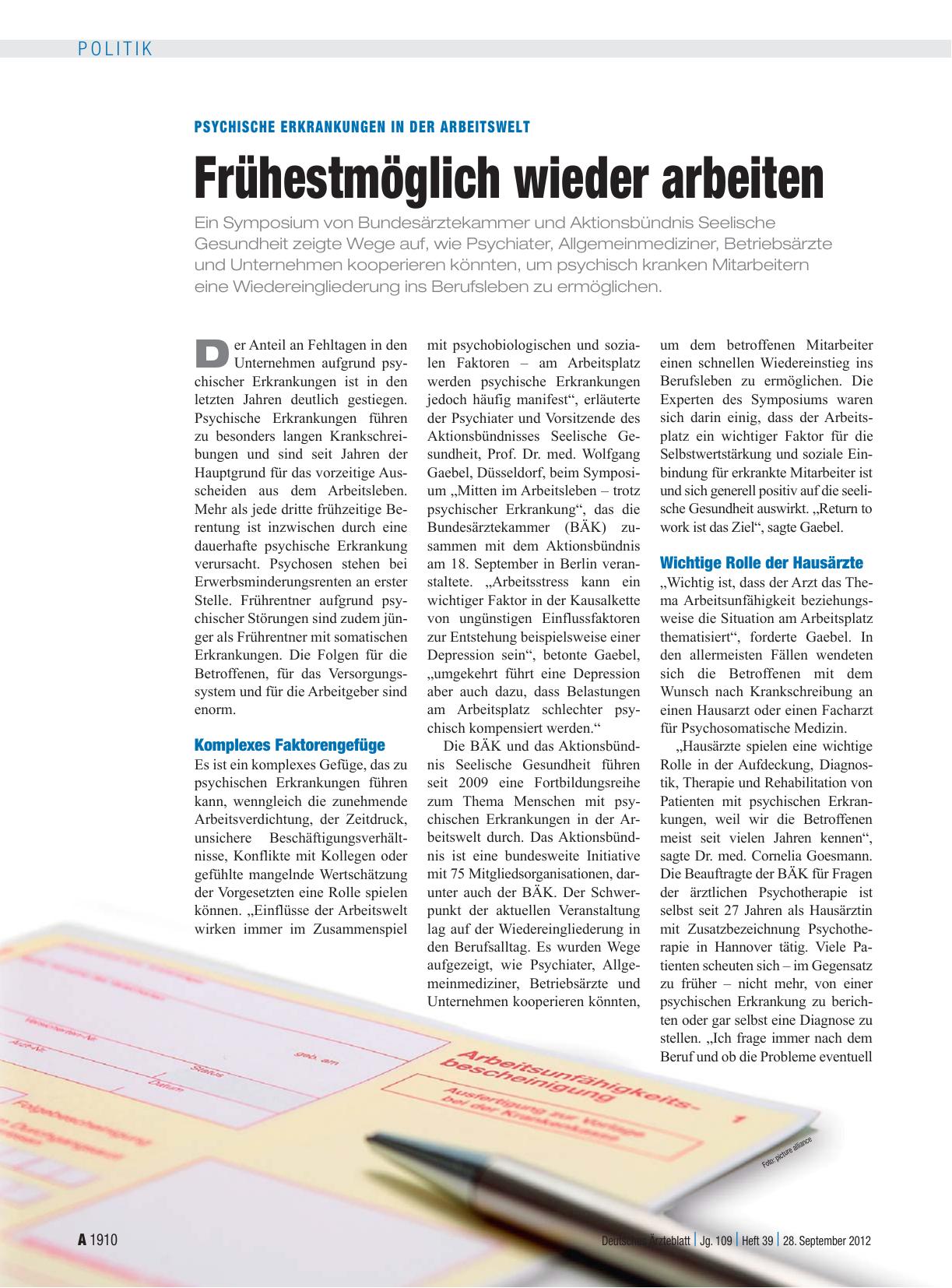 Vorschauseite 1: Psychische Erkrankungen in der Arbeitswelt: Frühestmöglich wieder arbeiten