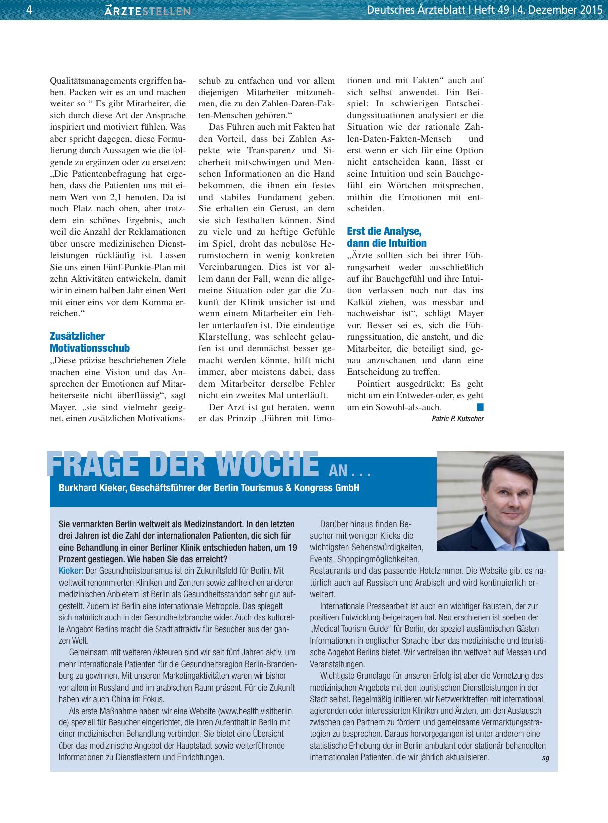 Vorschauseite 1: Frage der Woche an. .. Burkhard Kieker, Geschäftsführer der Berlin Tourismus & Kongress GmbH