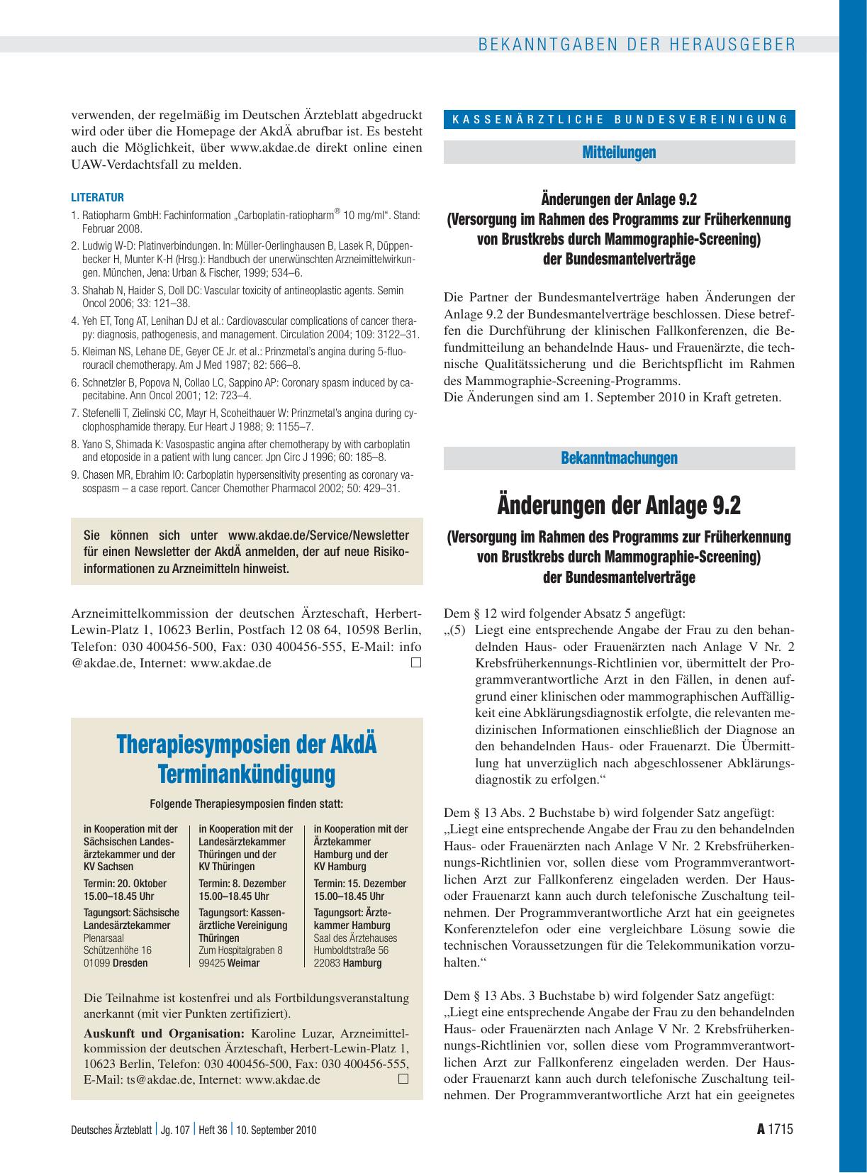 Vorschauseite 1: Änderungen der Anlage 9. 2 (Versorgung im Rahmen des Programms zur Früherkennung von Brustkrebs durch Mammographie-Screening) der Bundesmantelverträge
