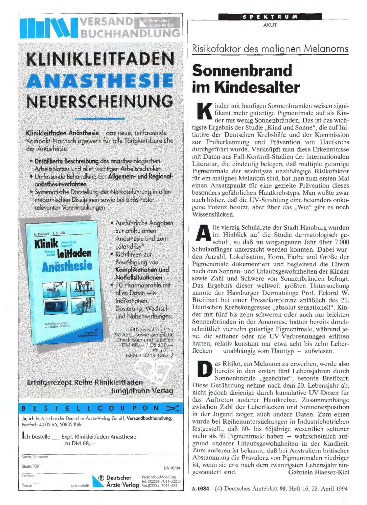Vorschauseite 1: Risikofaktor des malignen Melanoms: Sonnenbrand im Kindesalter