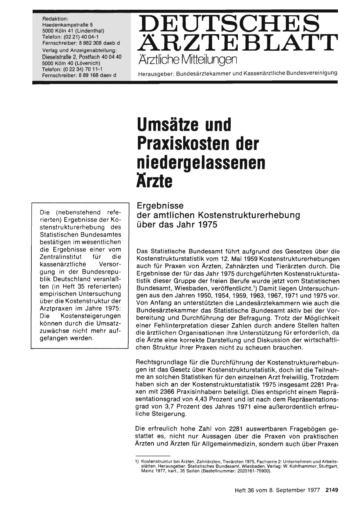 Vorschauseite 1: Umsätze und Praxiskosten der niedergelassenen Ärzte: Ergebnisse der amtlichen Kostenstrukturerhebung über das Jahr 1975