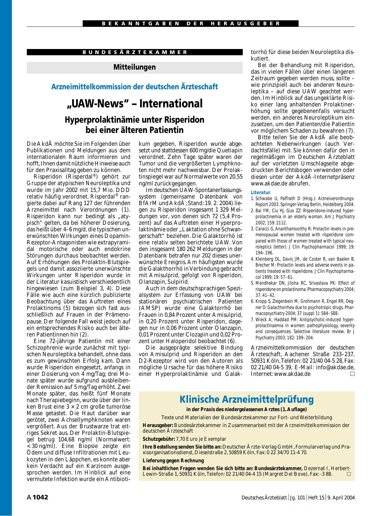 Vorschauseite 1: Arzneimittelkommission der deutschen Ärzteschaft: „UAW-News“ – International Hyperprolaktinämie unter Risperidon bei einer älteren Patientin