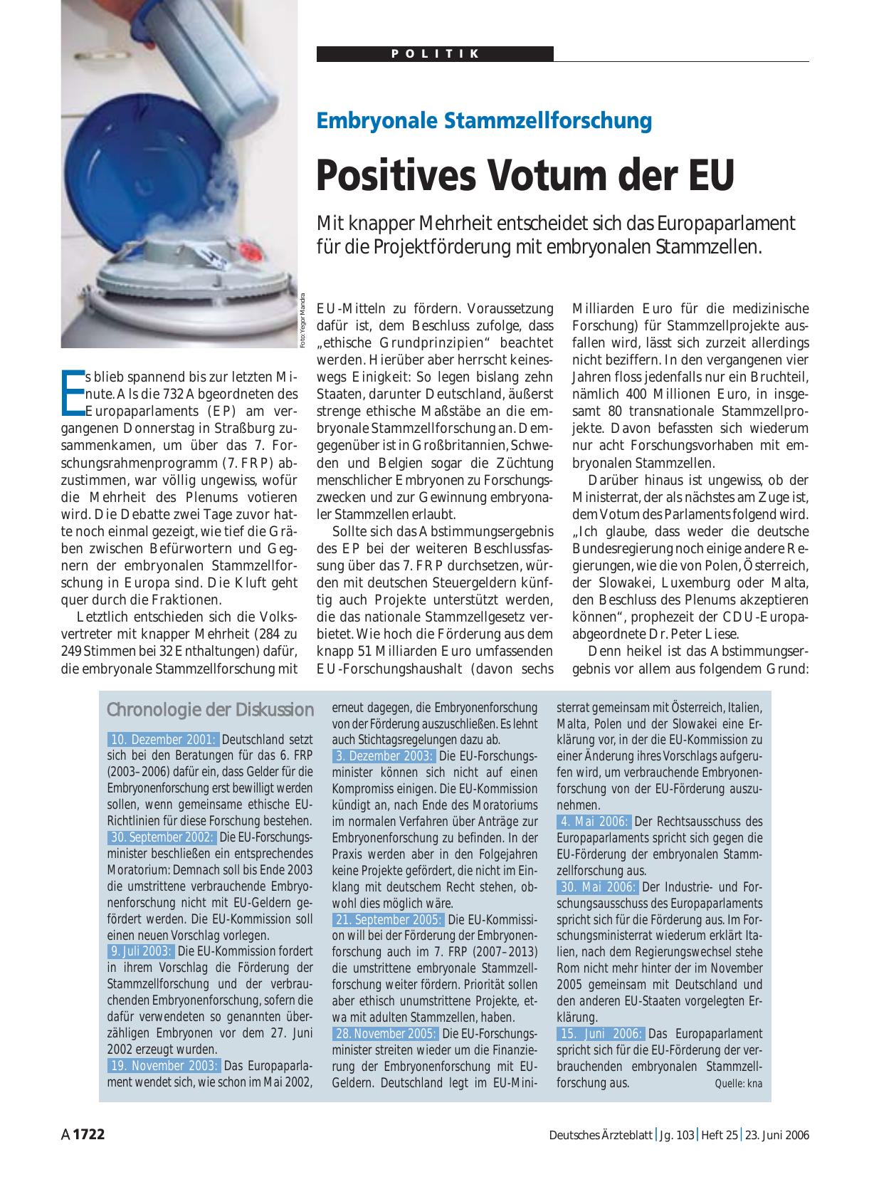 Vorschauseite 1: Embryonale Stammzellforschung: Positives Votum der EU