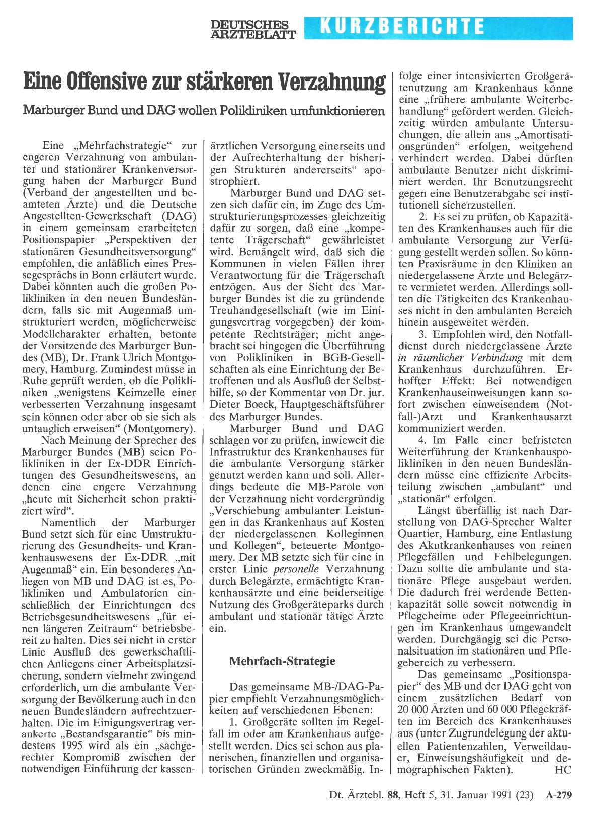 Vorschauseite 1: Eine Offensive zur stärkeren Verzahnung: Marburger Bund und DAG wollen Polikliniken umfunktionieren