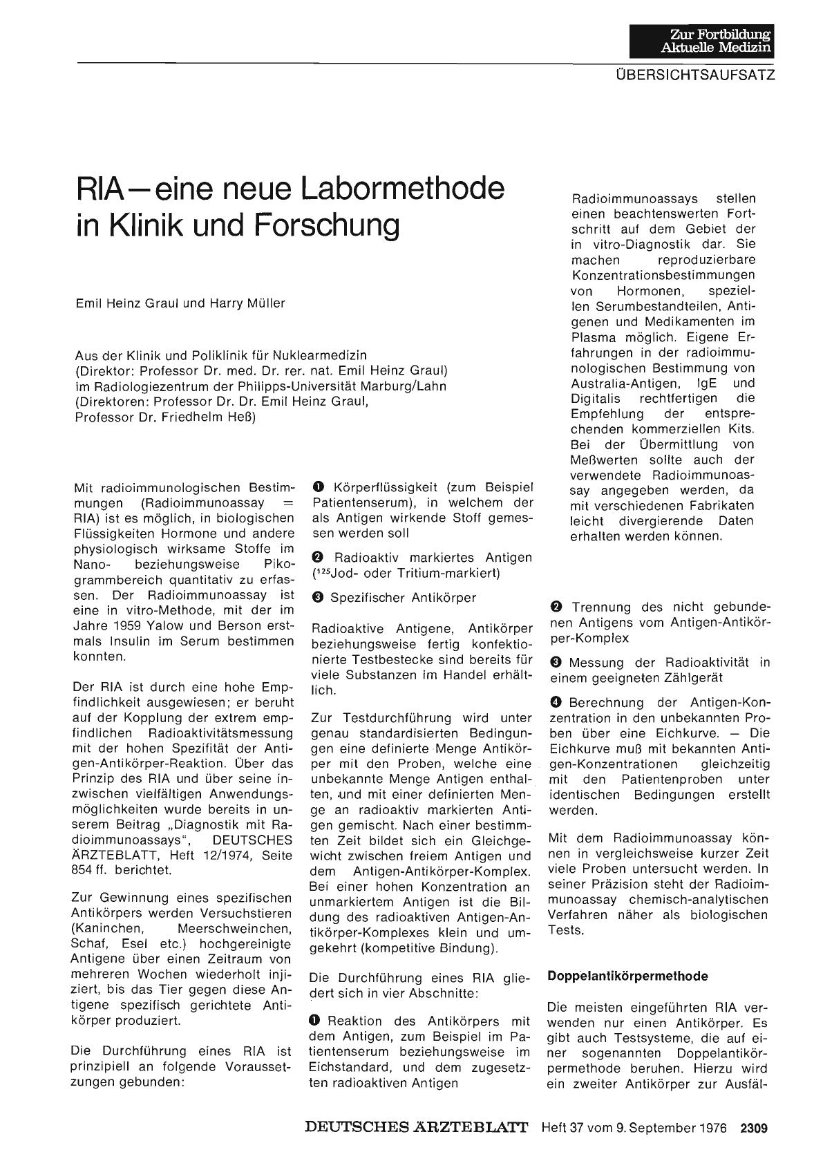 Vorschauseite 1: RIA—eine neue Labormethode in Klinik und Forschung