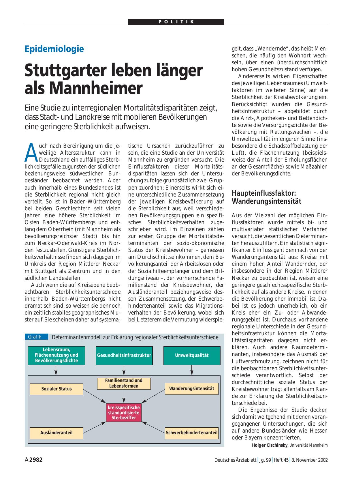 Vorschauseite 1: Epidemiologie: Stuttgarter leben länger als Mannheimer