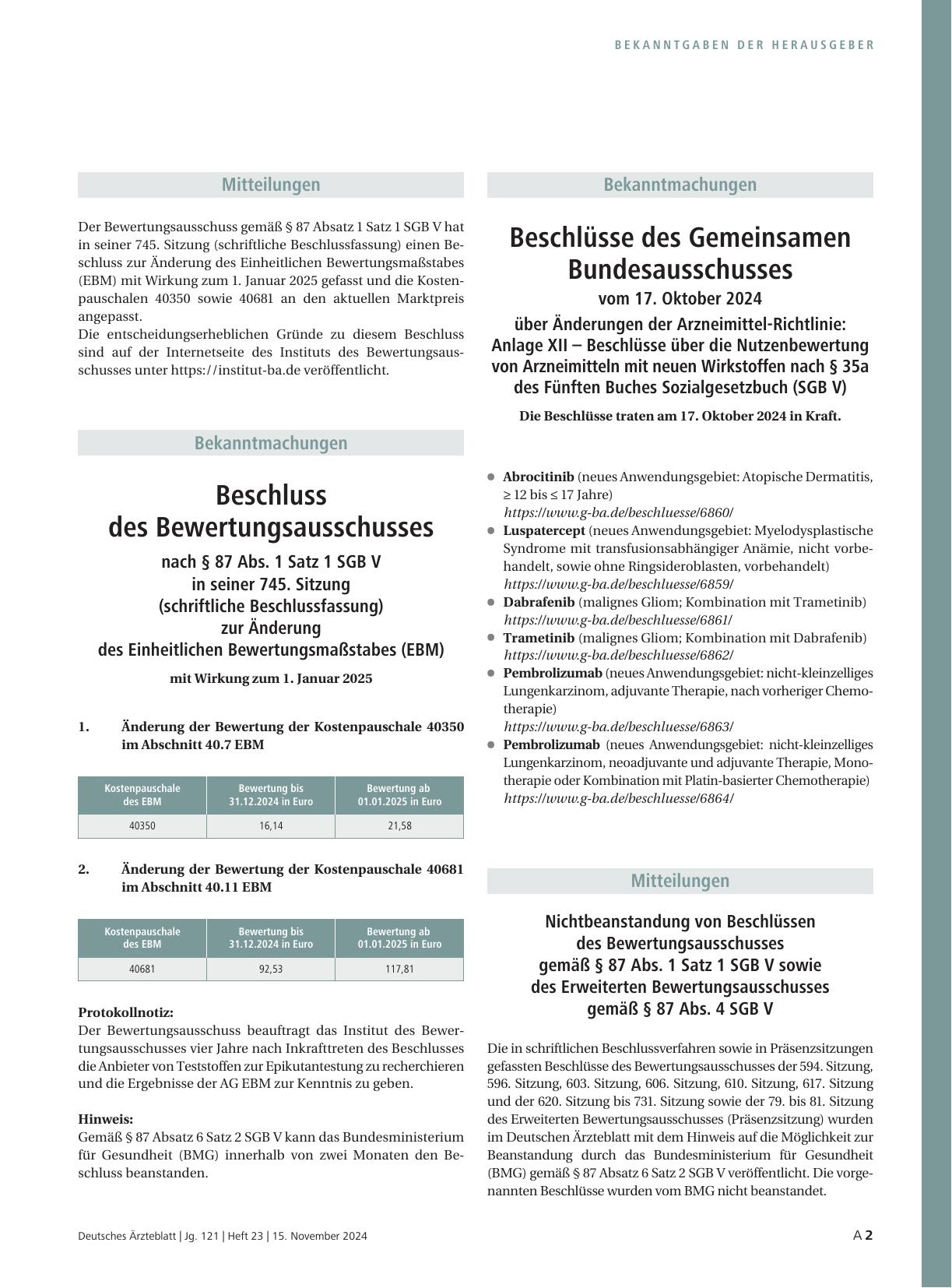 Vorschauseite 1: Beschluss des Bewertungsausschusses nach § 87 Abs. 1 Satz 1 SGB V in seiner 745. Sitzung (schriftliche Beschlussfassung) zur Änderung des Einheitlichen Bewertungsmaßstabes (EBM)