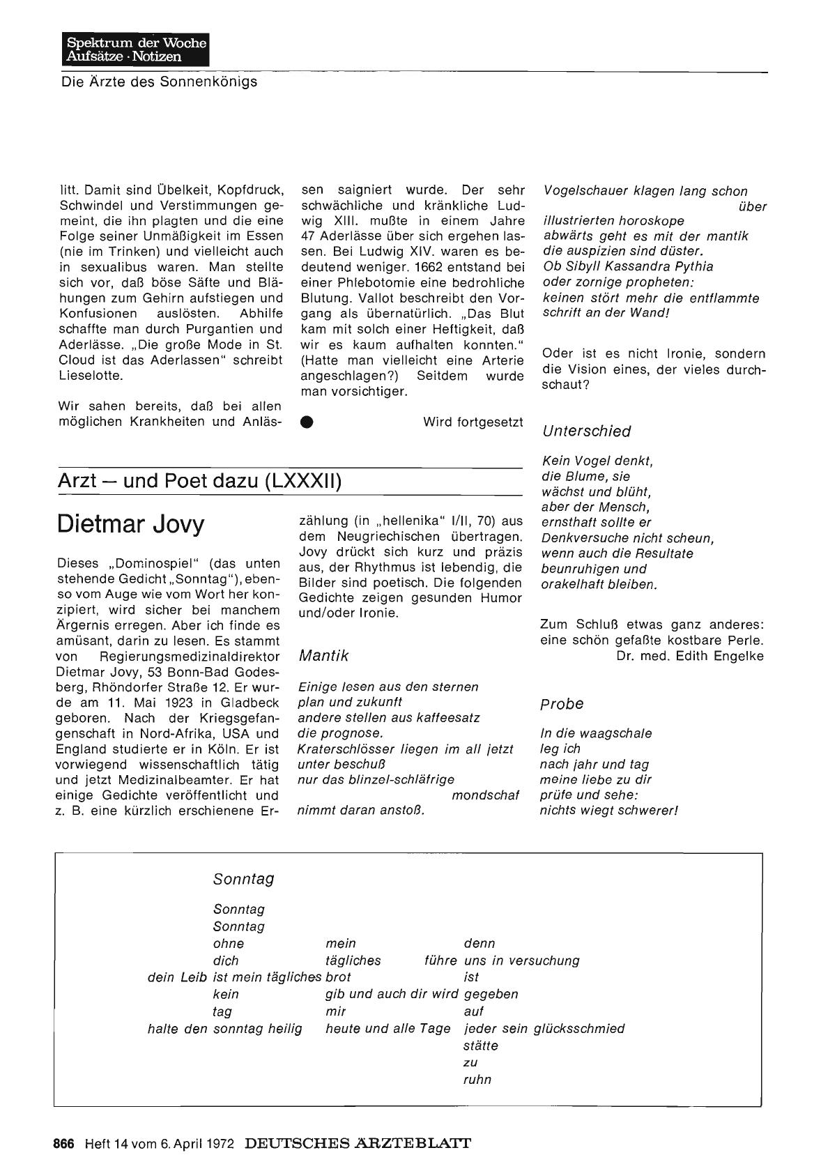 Vorschauseite 1: Arzt — und Poet dazu (LXXXII): Dietmar Jovy