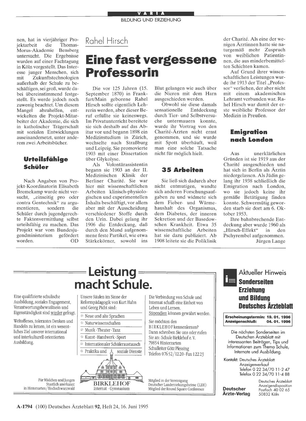 Vorschauseite 1: Rahel Hirsch: Eine fast vergessene Professorin