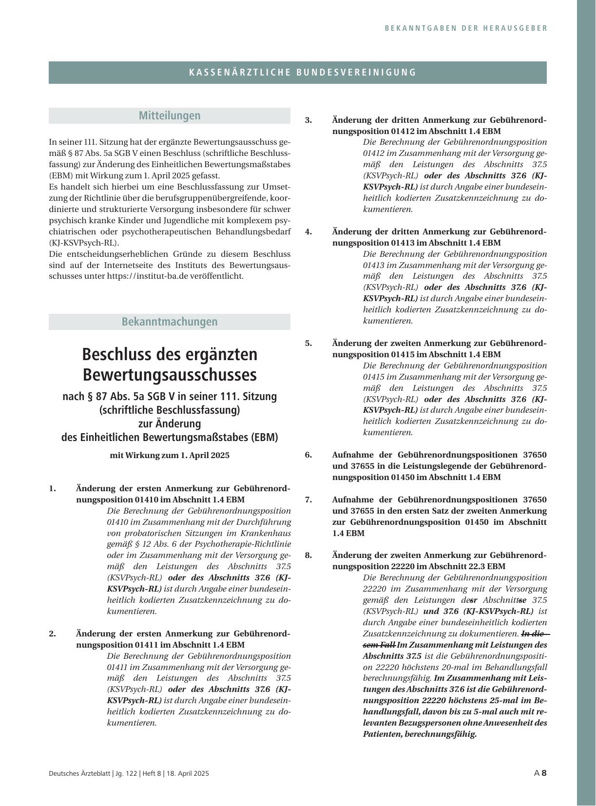 Vorschauseite 1: Beschluss des ergänzten Bewertungsausschusses nach § 87 Abs. 5a SGB V in seiner 111. Sitzung (schriftliche Beschlussfassung) zur Änderung des Einheitlichen Bewertungsmaßstabes (EB…