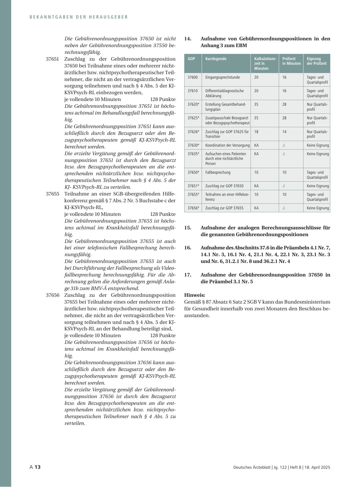 Vorschauseite 6: Beschluss des ergänzten Bewertungsausschusses nach § 87 Abs. 5a SGB V in seiner 111. Sitzung (schriftliche Beschlussfassung) zur Änderung des Einheitlichen Bewertungsmaßstabes (EB…