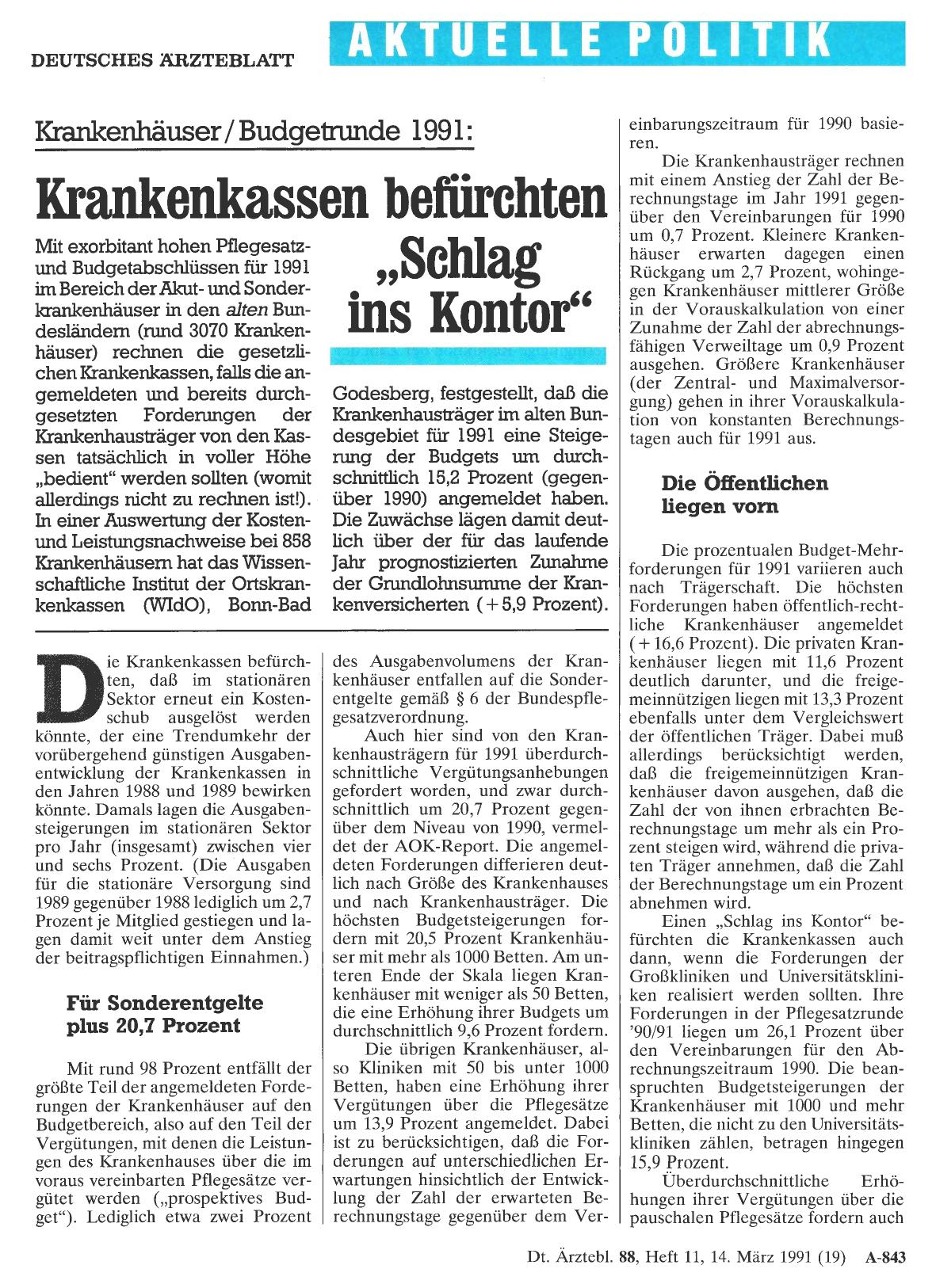 Vorschauseite 1: Krankenhäuser/Budgetrunde 1991: Krankenkassen befürchten „Schlag ins Kontor“
