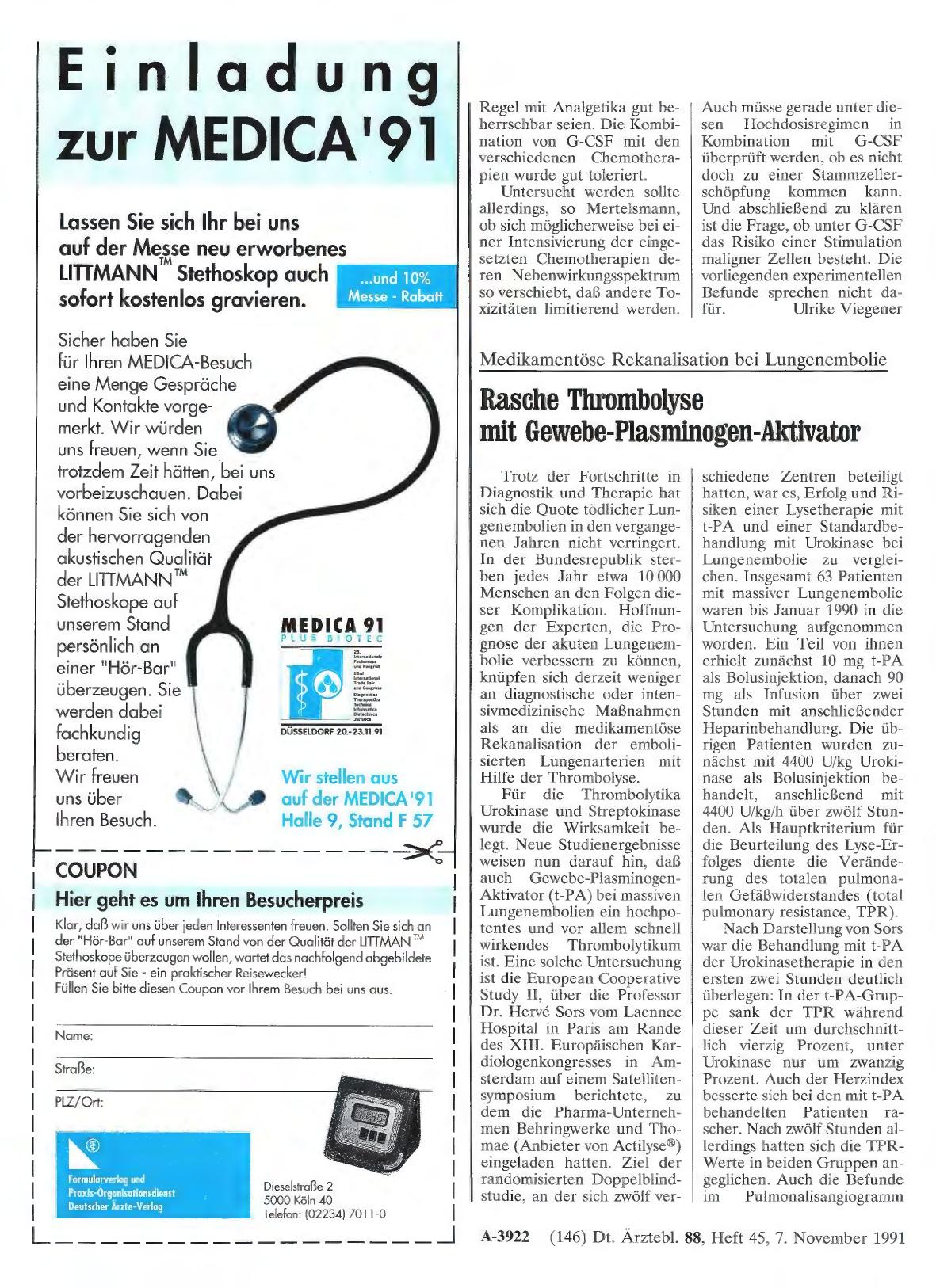 Vorschauseite 1: Medikamentöse Rekanalisation bei Lungenembolie: Rasche Thrombolyse mit Gewebe-Plasminogen-Aktivator