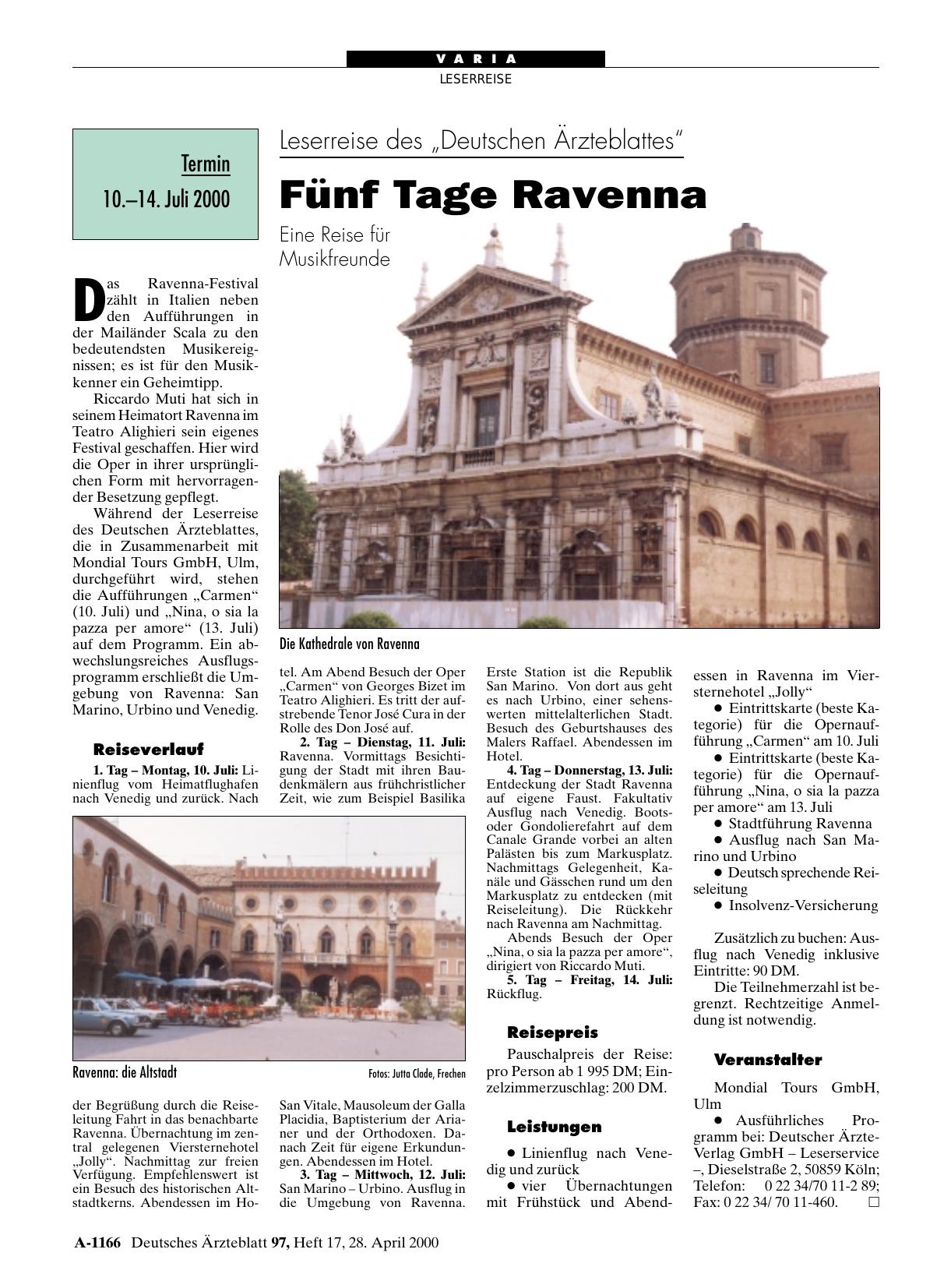 Vorschauseite 1: Leserreise des „Deutschen Ärzteblattes“: Fünf Tage Ravenna