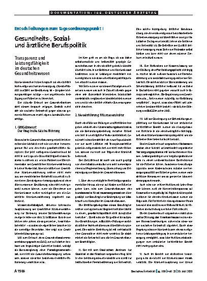 Vorschauseite 1: Entschließungen zum Tagesordnungspunkt I: Gesundheits-, Sozialund ärztliche Berufspolitik