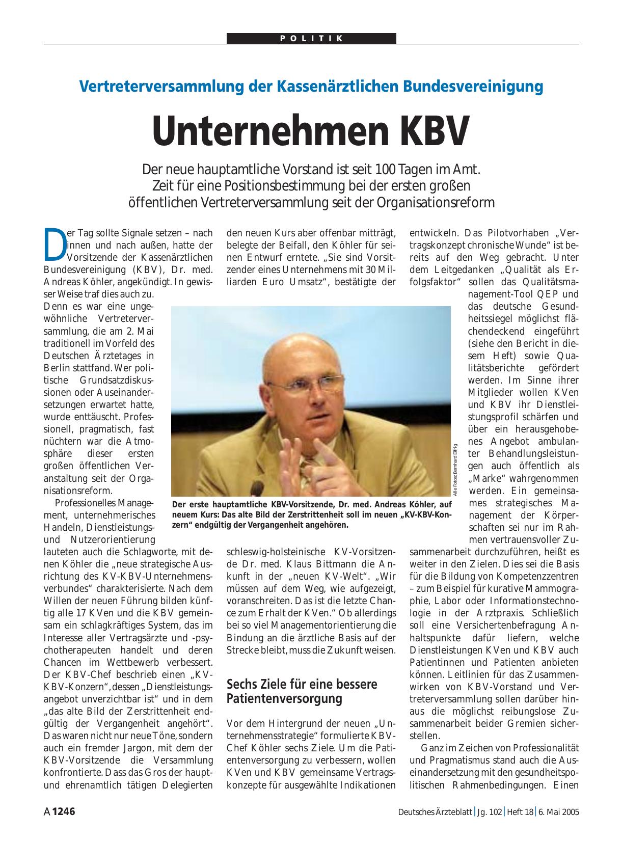 Vorschauseite 1: Vertreterversammlung der Kassenärztlichen Bundesvereinigung: Unternehmen KBV