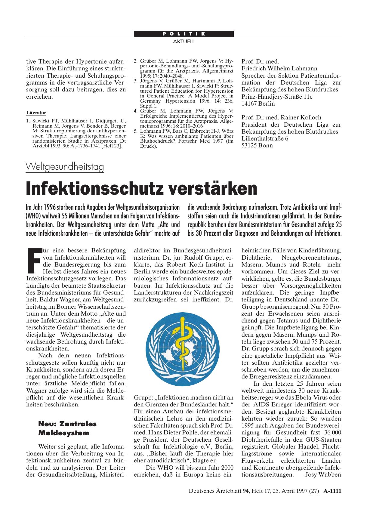 Vorschauseite 1: Weltgesundheitstag: Infektionsschutz verstärken