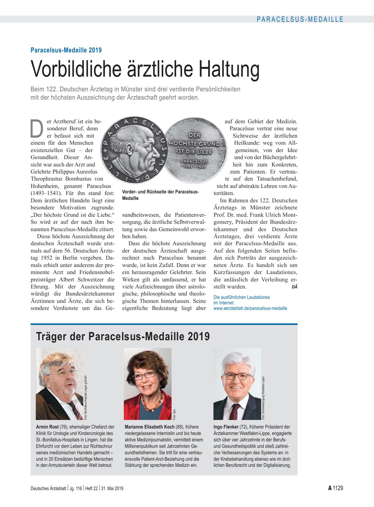Vorschauseite 1: Paracelsus-Medaille 2019: Vorbildliche ärztliche Haltung