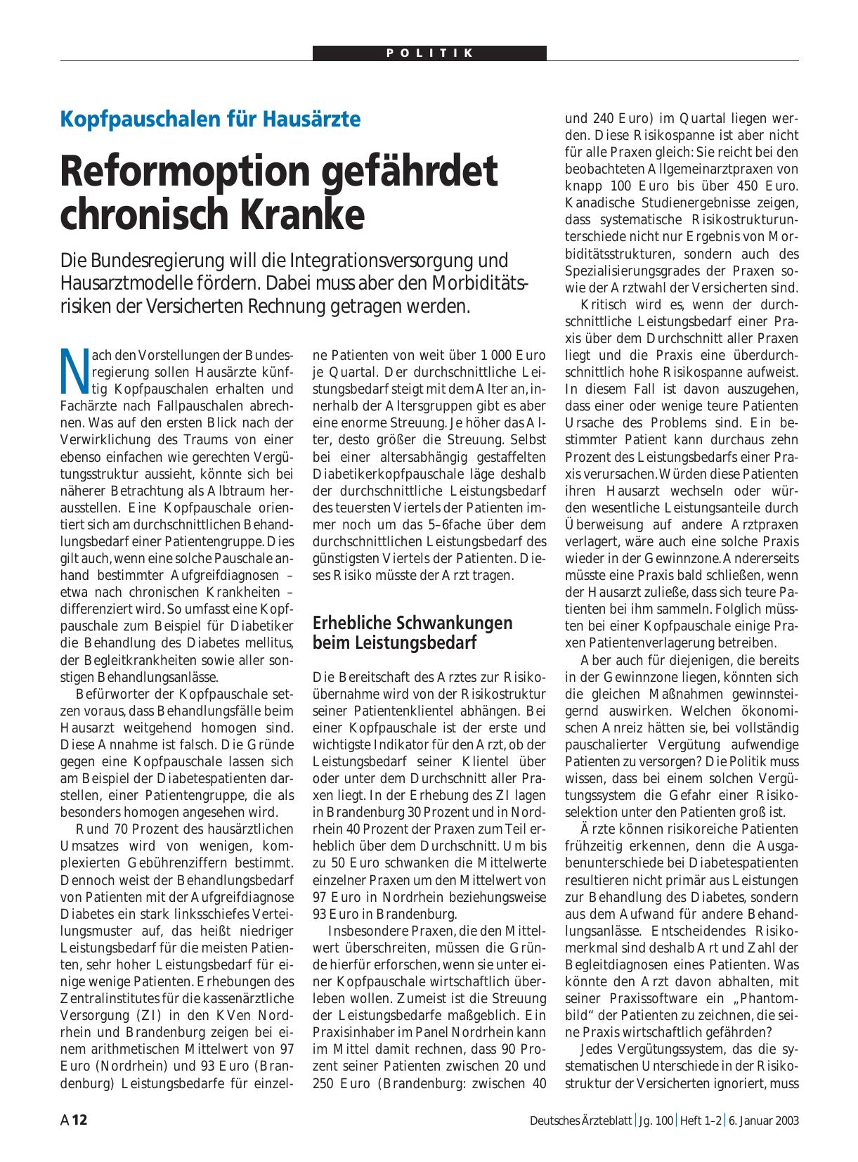 Vorschauseite 1: Kopfpauschalen für Hausärzte: Reformoption gefährdet chronisch Kranke