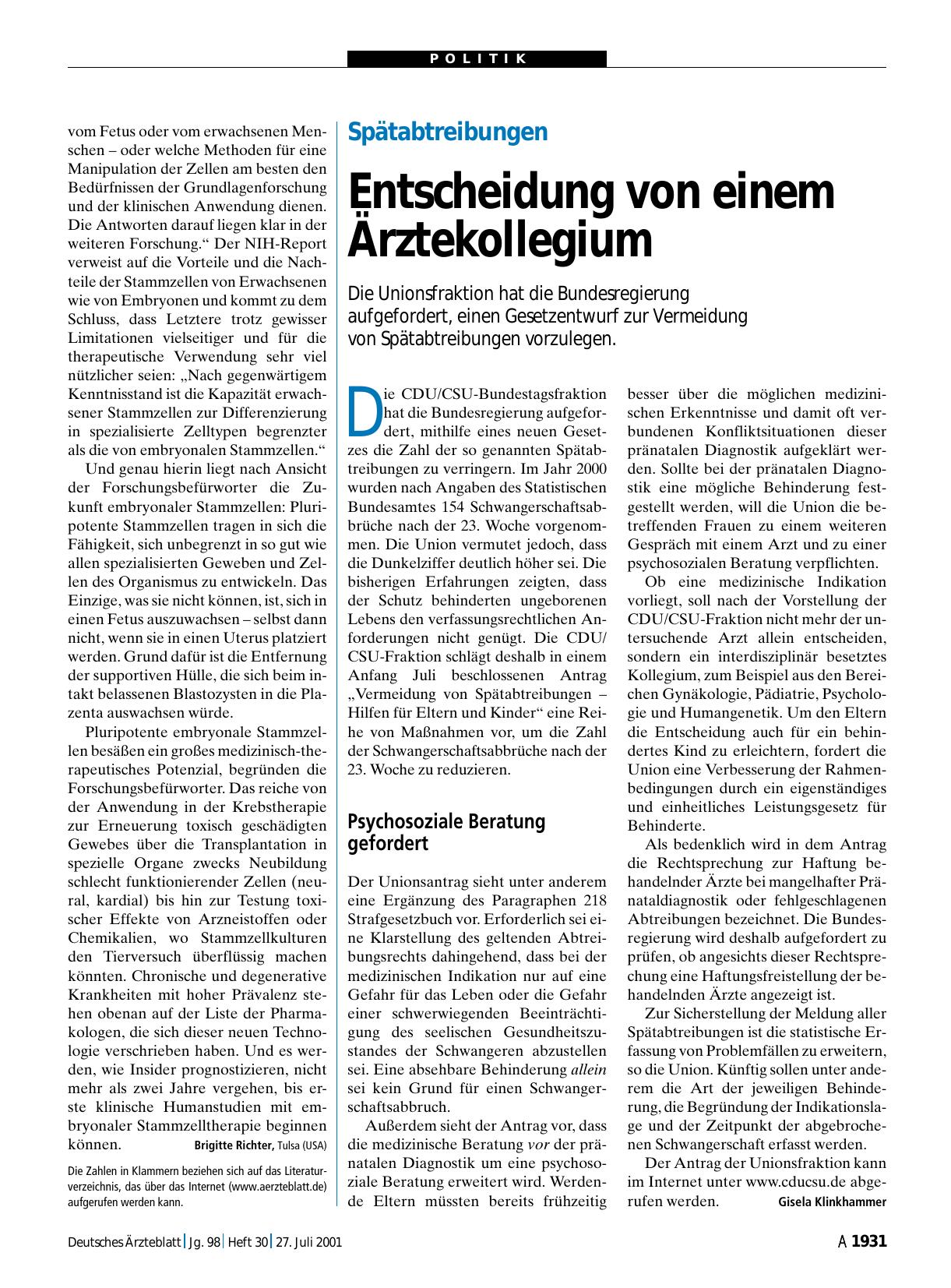 Vorschauseite 1: Spätabtreibungen: Entscheidung von einem Ärztekollegium