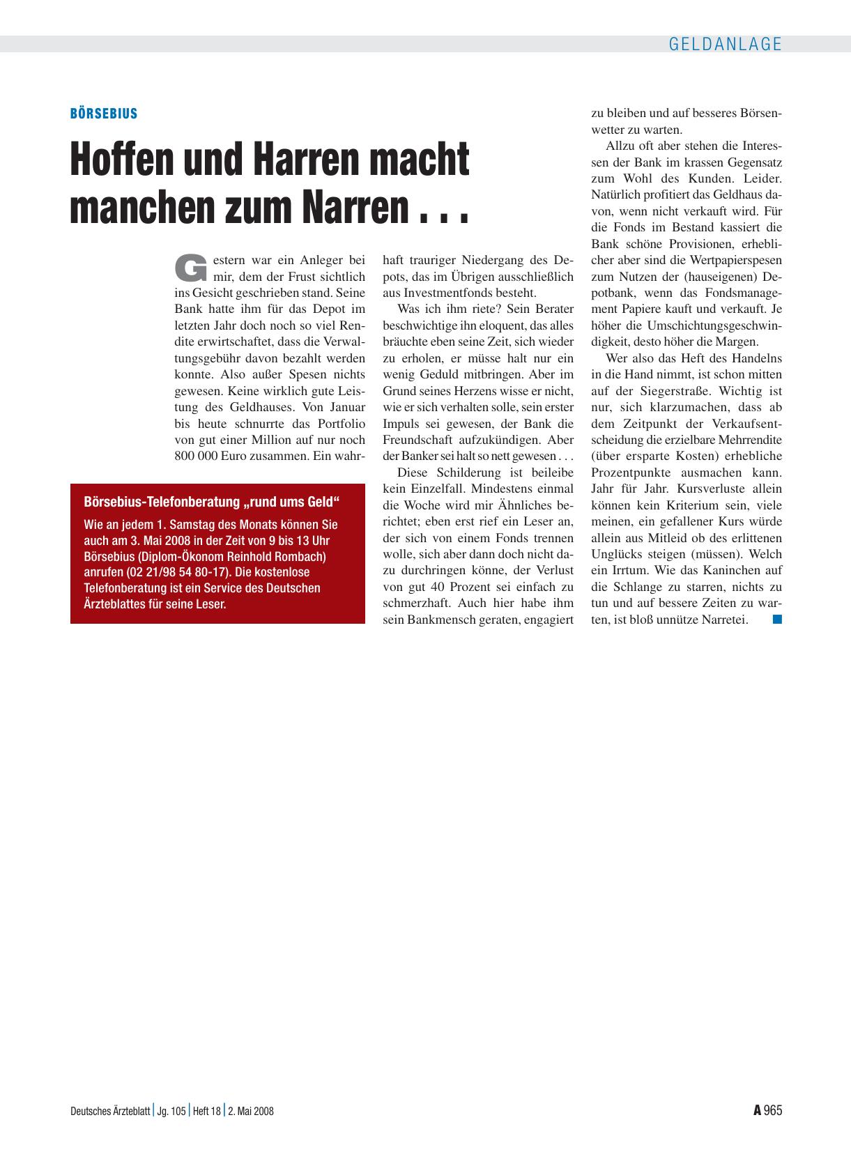 Vorschauseite 1: Börsebius: Hoffen und Harren macht manchen zum Narren. ..