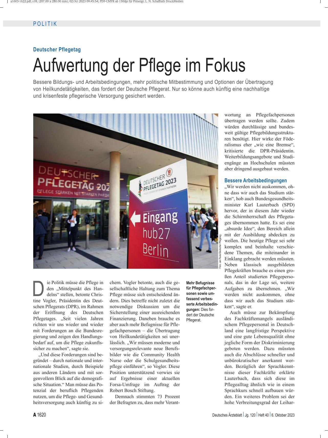 Vorschauseite 1: Deutscher Pflegetag: Aufwertung der Pflege im Fokus
