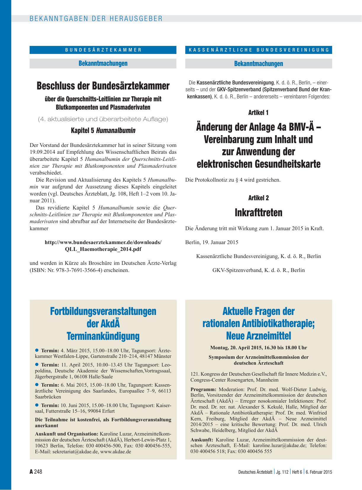 Vorschauseite 1: Beschluss der Bundesärztekammer über die Querschnitts-Leitlinien zur Therapie mit Blutkomponenten und Plasmaderivaten Kapitel 5 Humanalbumin