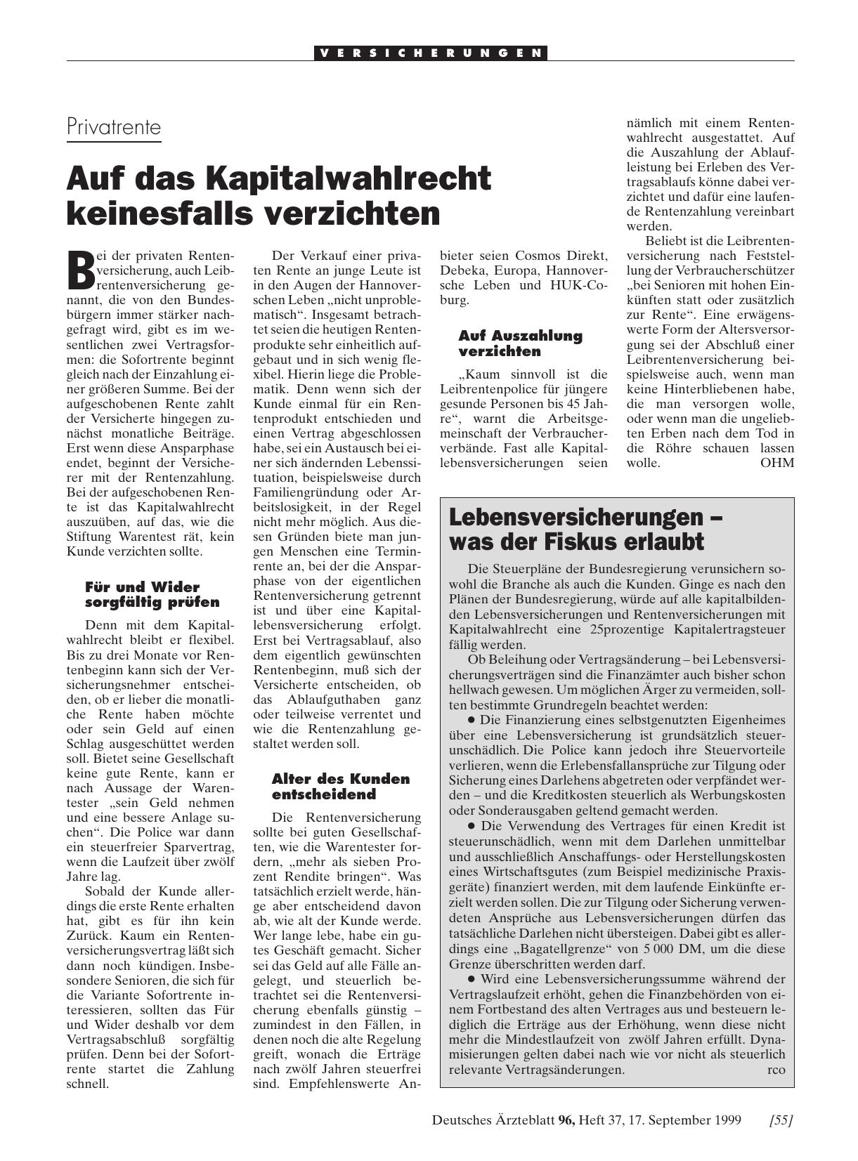 Vorschauseite 1: Privatrente: Auf das Kapitalwahlrecht keinesfalls verzichten