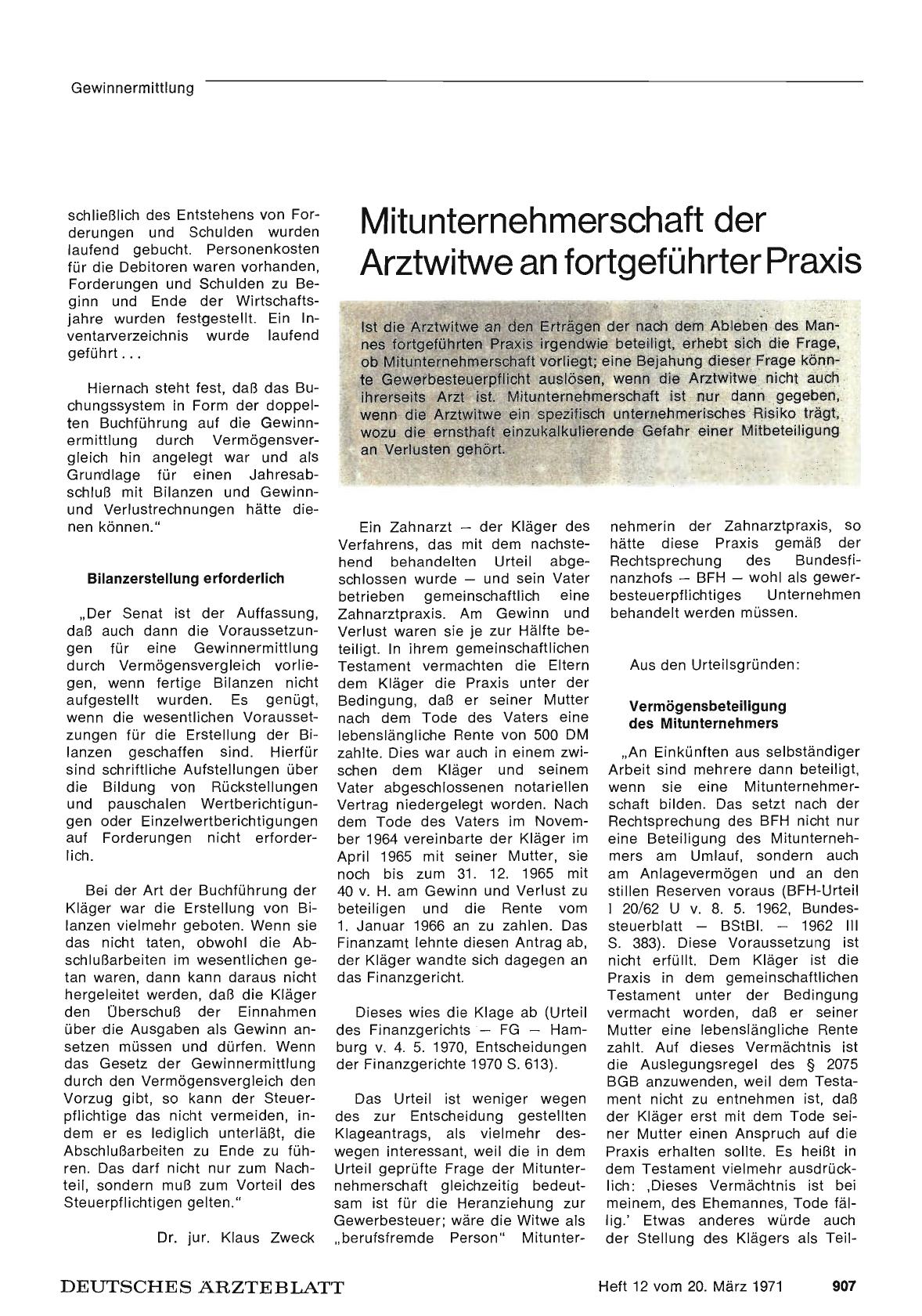 Vorschauseite 1: Mitunternehmerschaft der Arztwitwe an fortgeführter Praxis