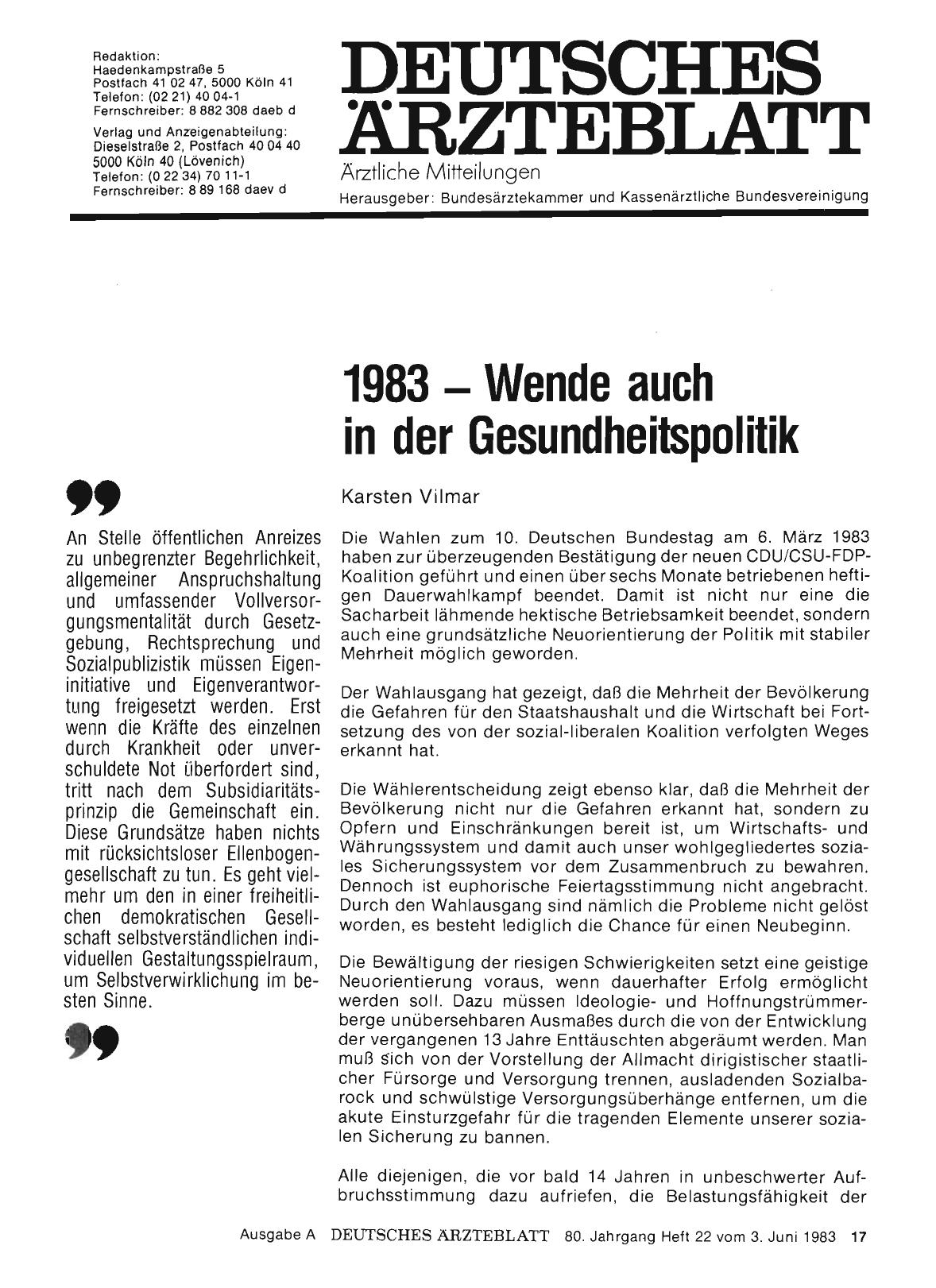 Vorschauseite 1: 1983 — Wende auch in der Gesundheitspolitik