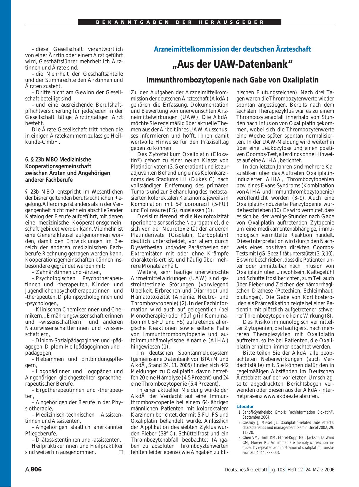 Vorschauseite 1: Arzneimittelkommission der deutschen Ärzteschaft – „Aus der UAW-Datenbank“: Immunthrombozytopenie nach Gabe von Oxaliplatin