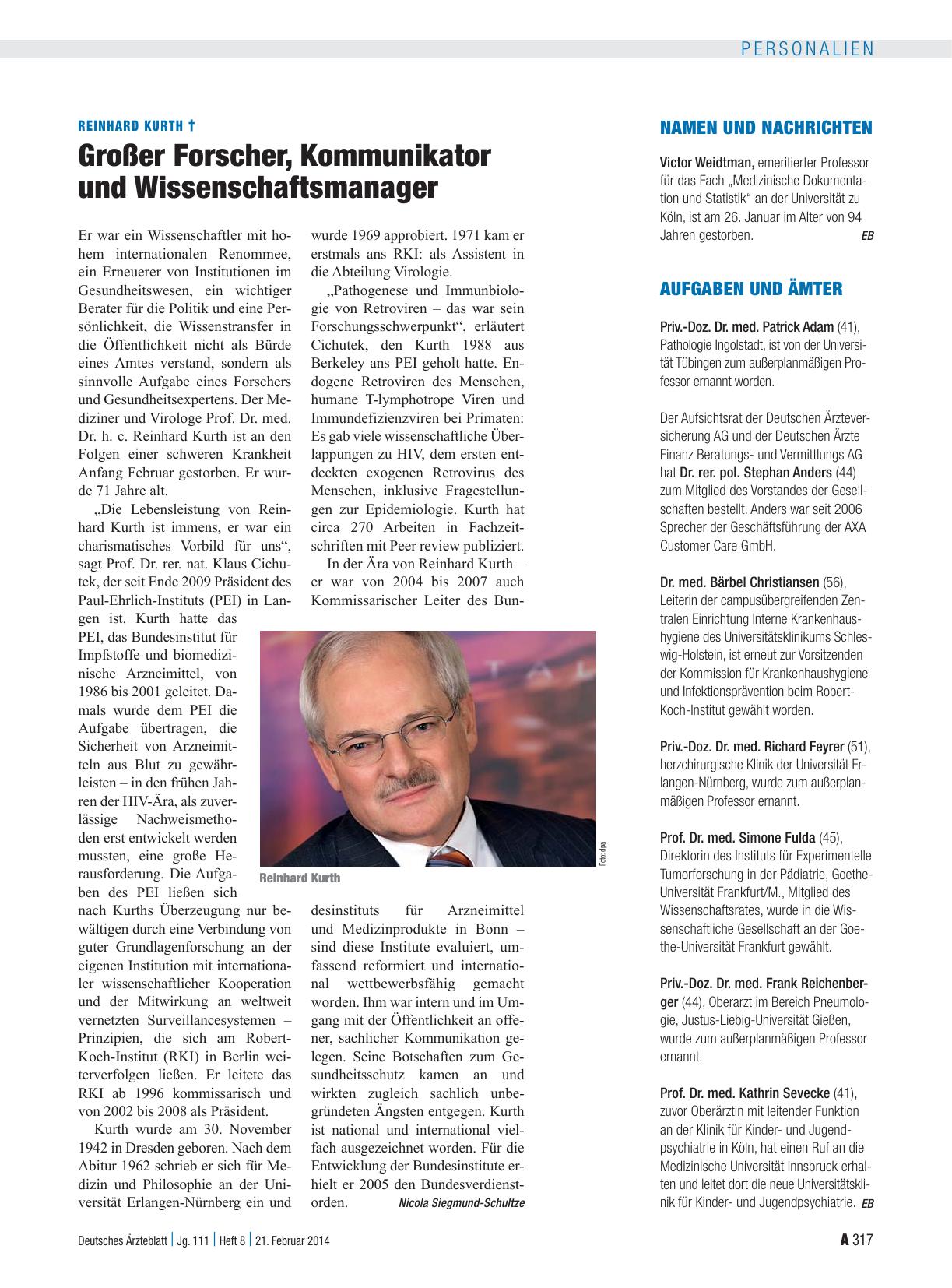 Vorschauseite 1: Reinhard Kurth †: Großer Forscher, Kommunikator und Wissenschaftsmanager