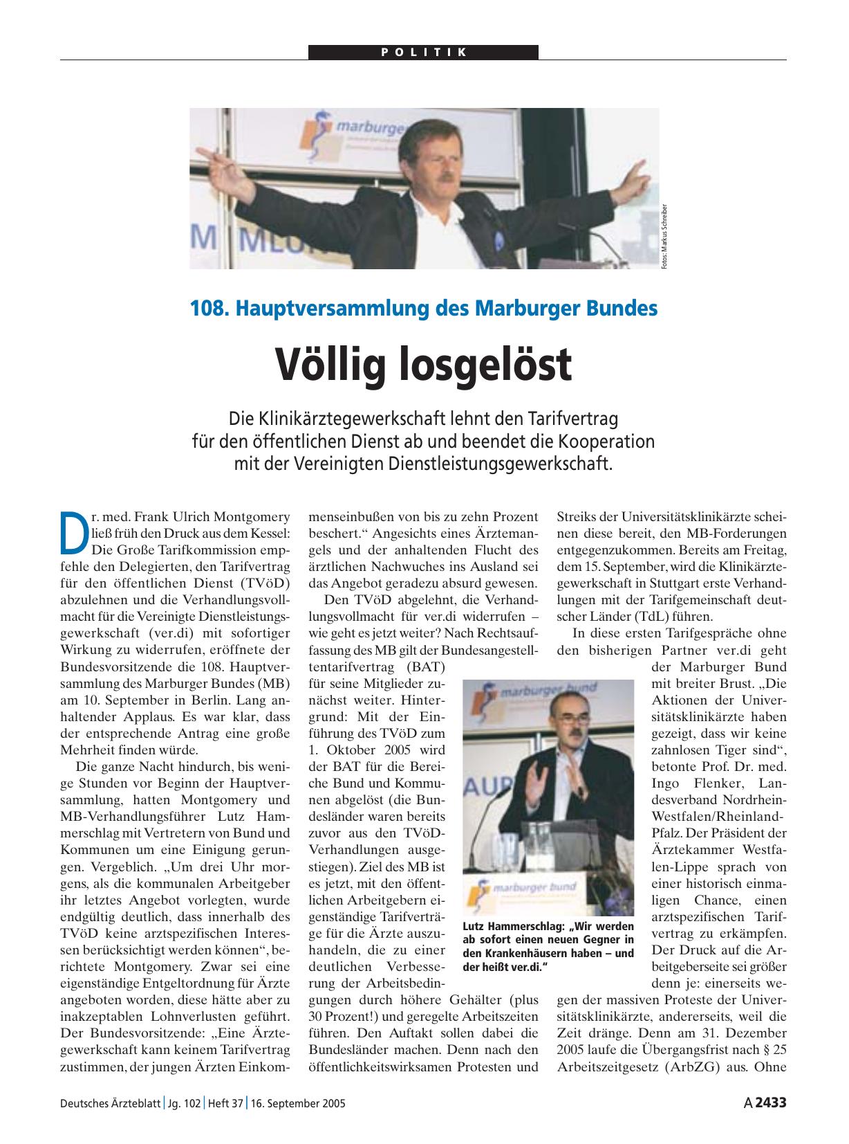 Vorschauseite 1: 108. Hauptversammlung des Marburger Bundes: Völlig losgelöst