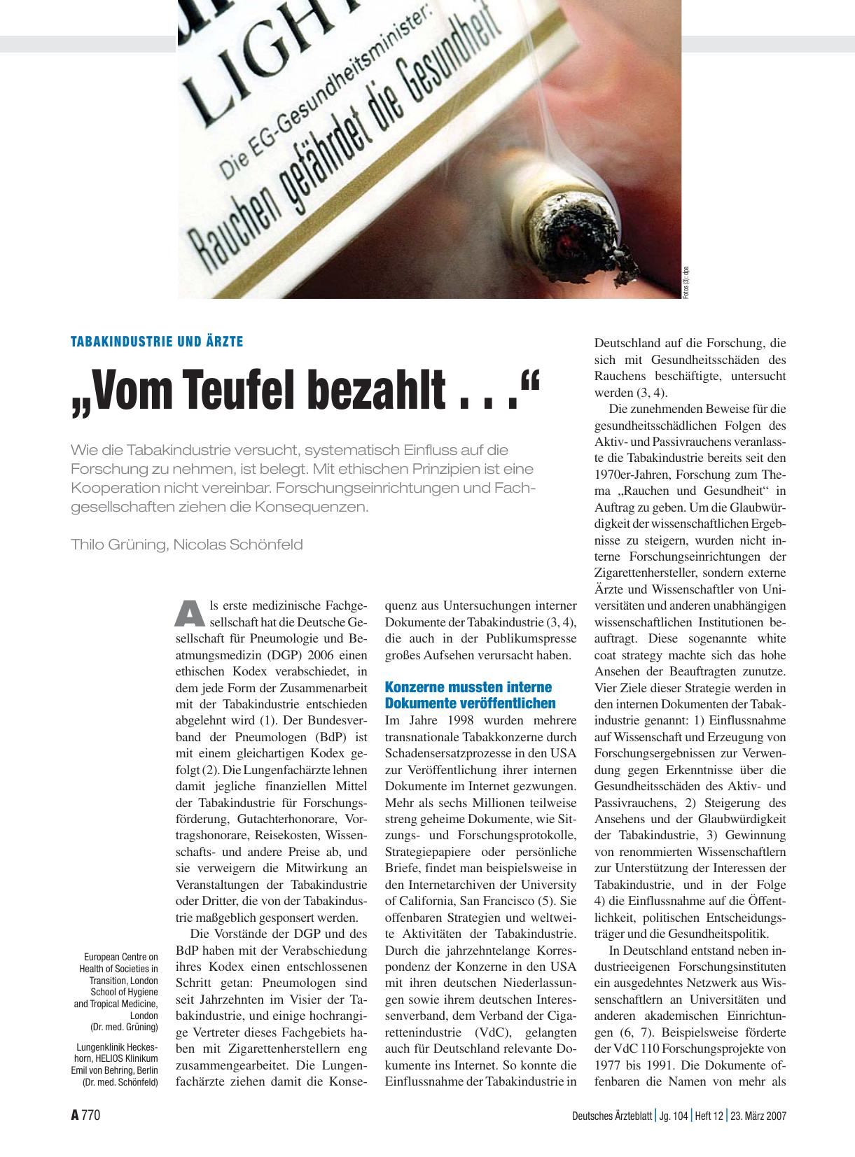 Vorschauseite 1: Tabakindustrie und Ärzte: „Vom Teufel bezahlt. .. “