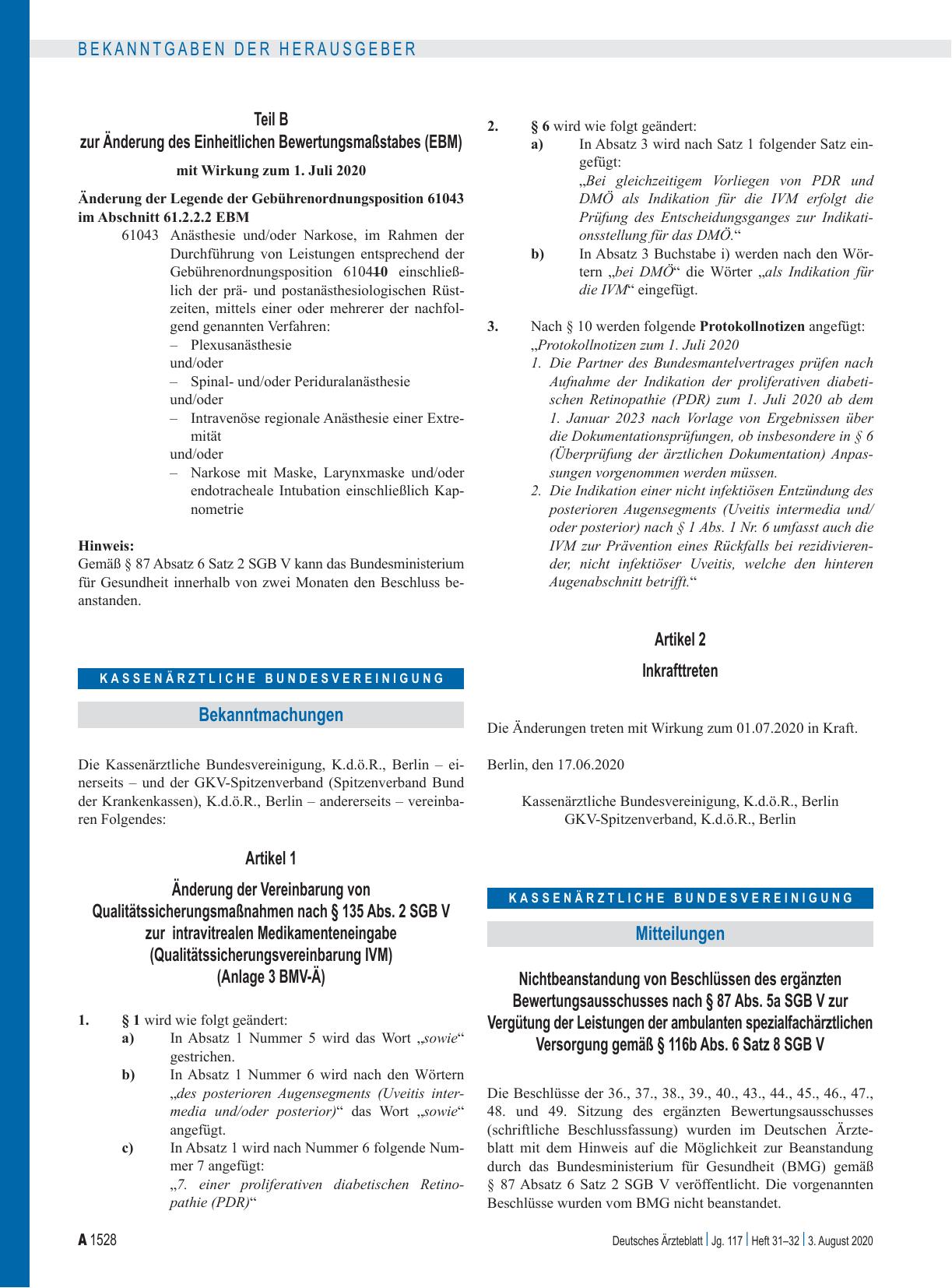 Vorschauseite 1: Änderung der Vereinbarung von Qualitätssicherungsmaßnahmen nach § 135 Abs. 2 SGB V zur intravitrealen Medikamenteneingabe (Qualitätssicherungsvereinbarung IVM) (Anlage 3 BMV-Ä)