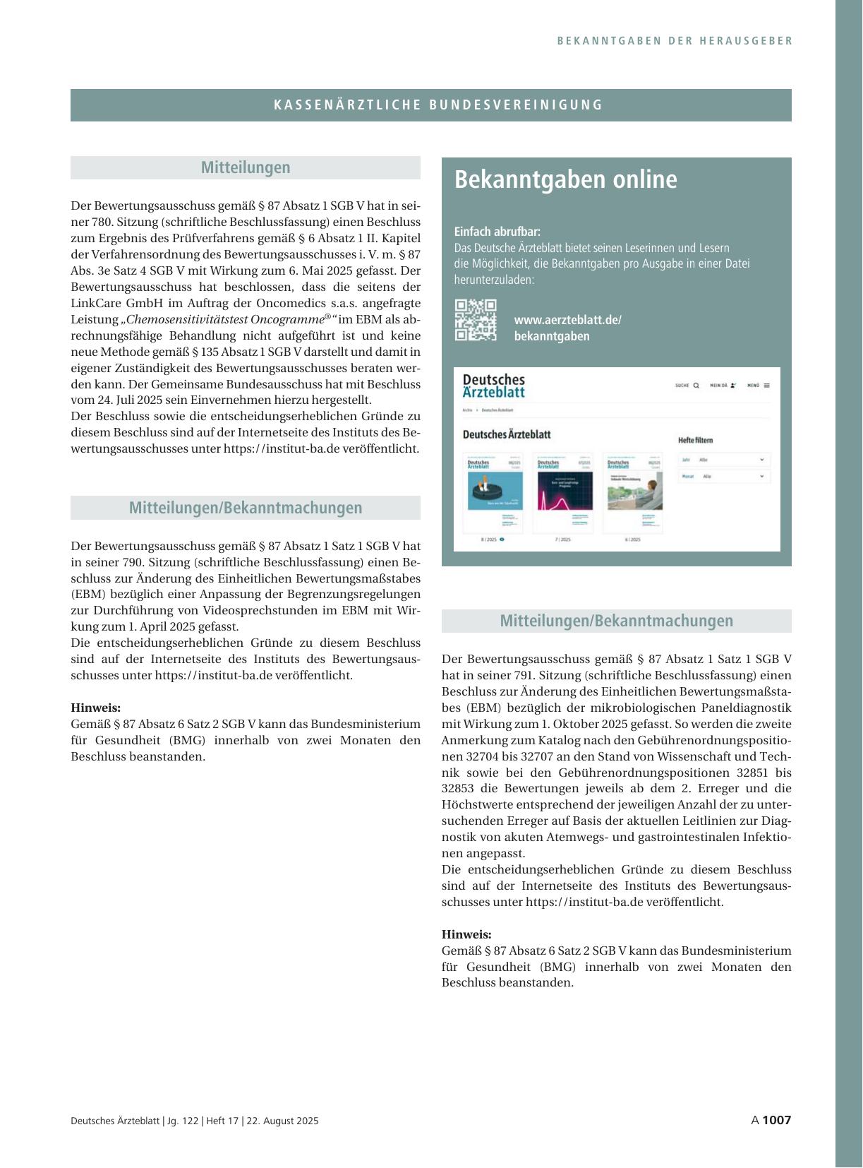 Vorschauseite 1: Beschluss des Bewertungsausschusses nach § 87 Abs. 1 Satz 1 SGB V in seiner 790. Sitzung (schriftliche Beschlussfassung) zur Änderung des Einheitlichen Bewertungsmaßstabes (EBM)