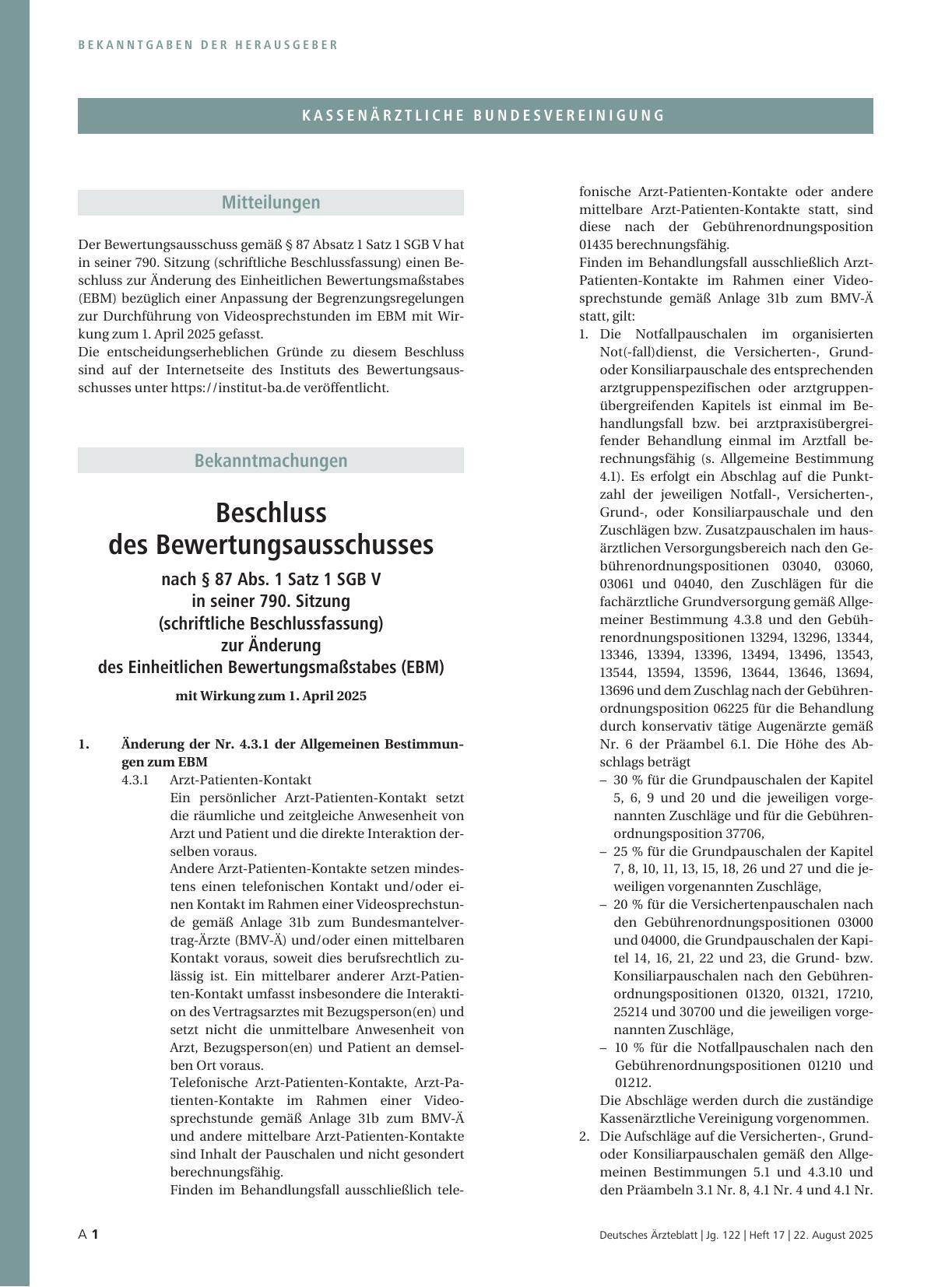 Vorschauseite 2: Beschluss des Bewertungsausschusses nach § 87 Abs. 1 Satz 1 SGB V in seiner 790. Sitzung (schriftliche Beschlussfassung) zur Änderung des Einheitlichen Bewertungsmaßstabes (EBM)