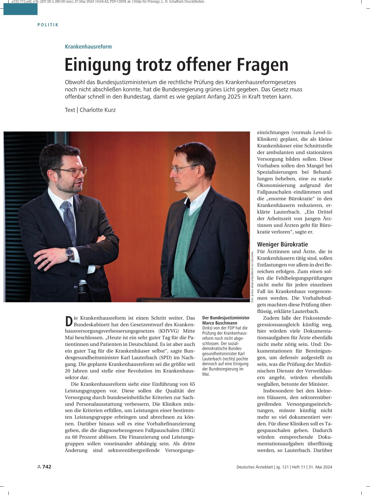 Vorschauseite 1: Krankenhausreform: Einigung trotz offener Fragen
