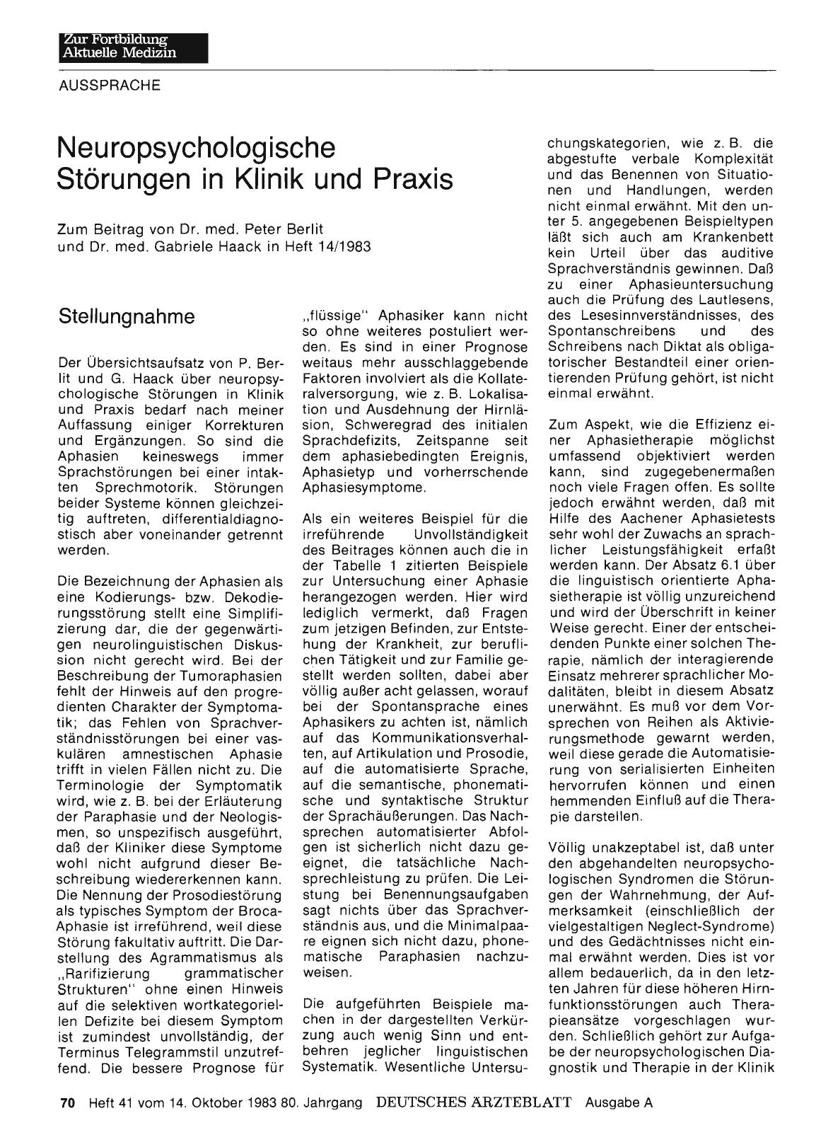 Vorschauseite 1: Neuropsychologische Störungen in Klinik und Praxis: Stellungnahme