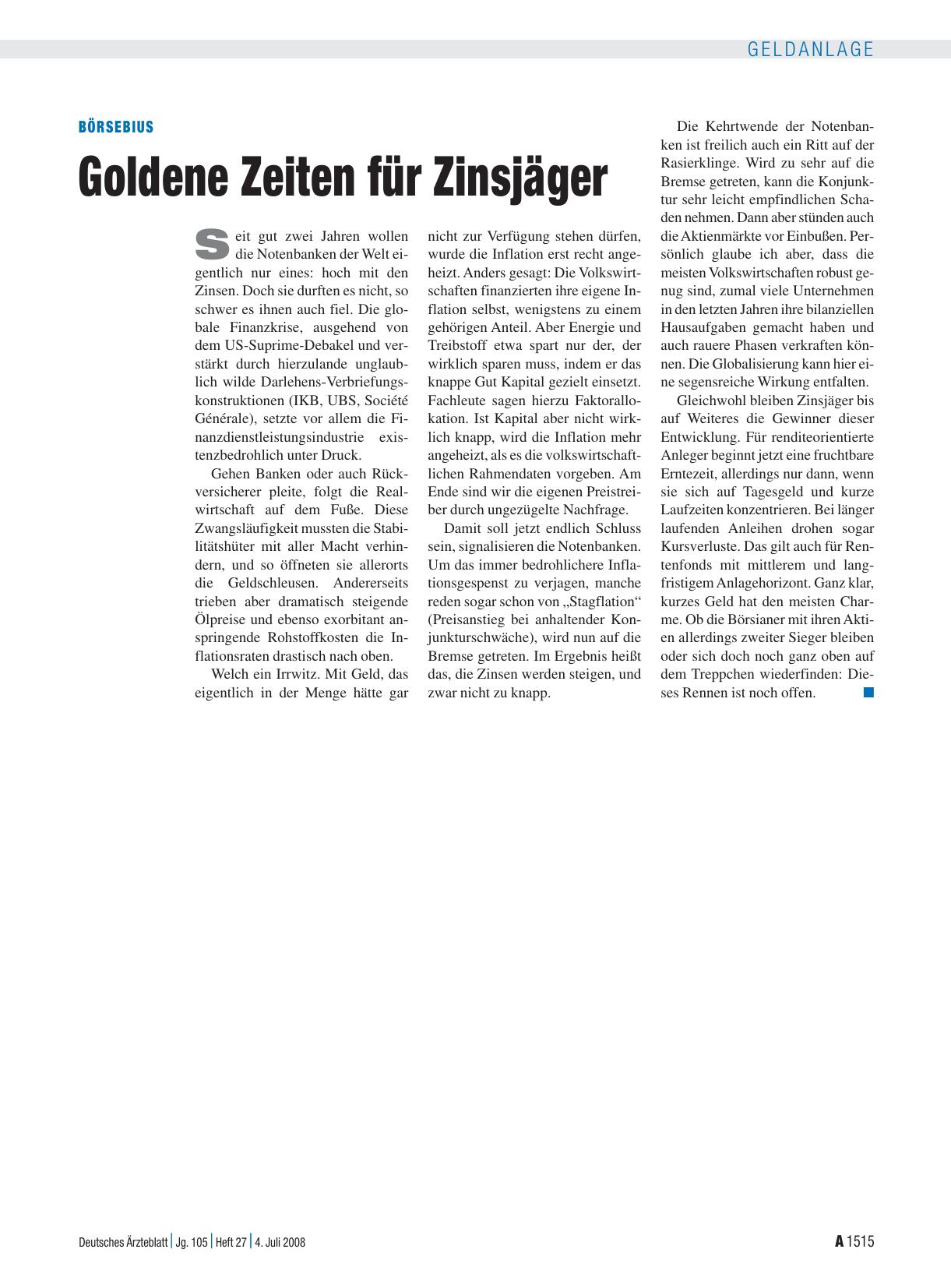 Vorschauseite 1: Börsebius: Goldene Zeiten für Zinsjäger