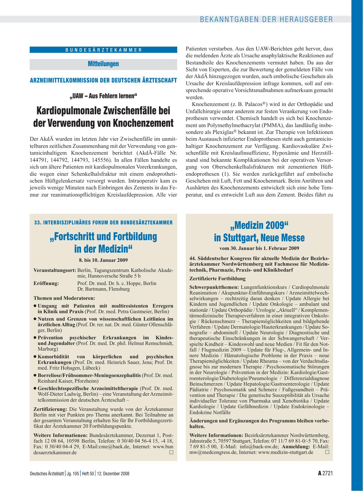Vorschauseite 1: 33. Interdisziplinäres Forum der Bundesärztekammer „Fortschritt und Fortbildung in der Medizin“ 8. bis 10. Januar 2009