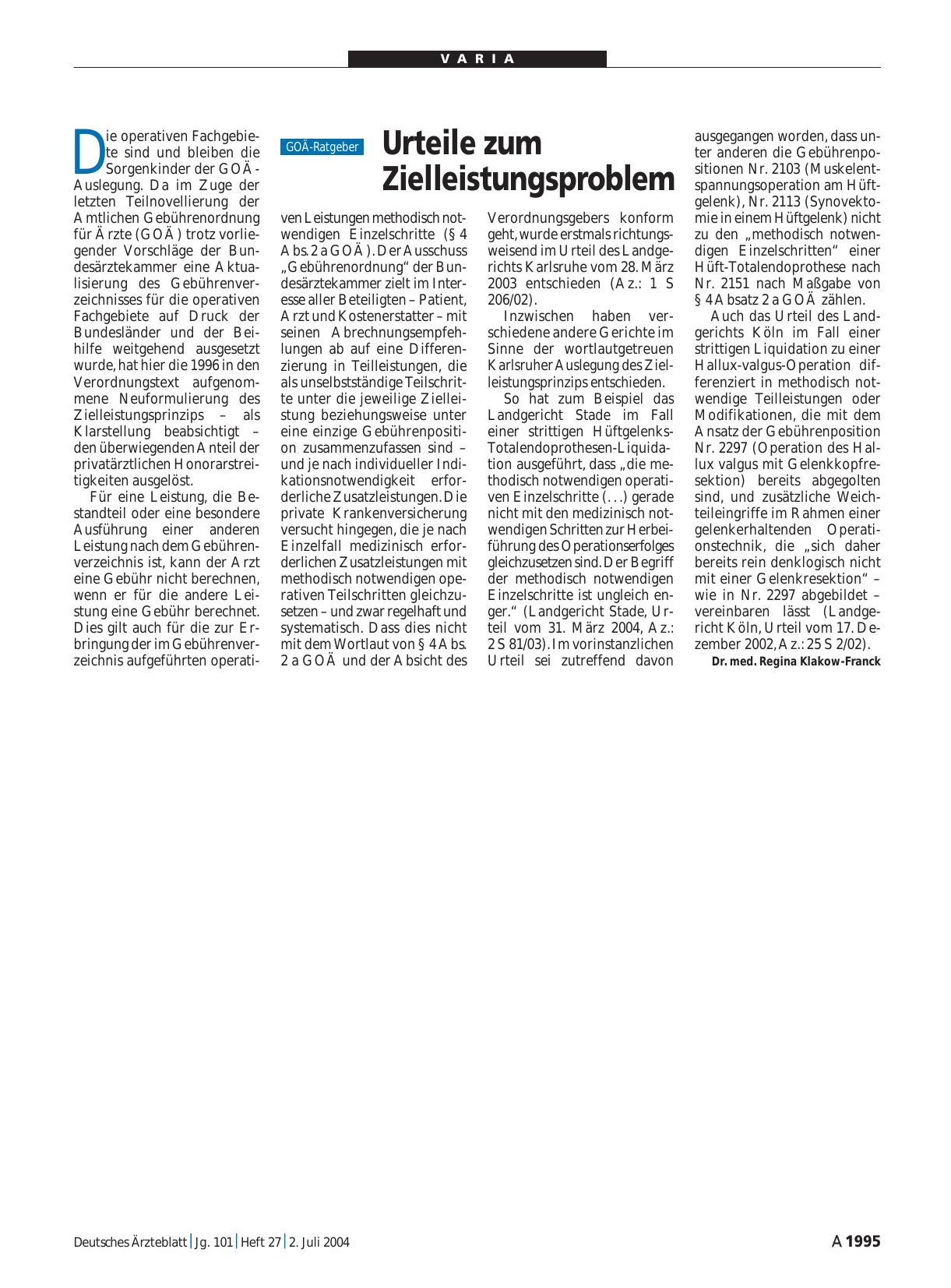 Vorschauseite 1: Urteile zum Zielleistungsproblem