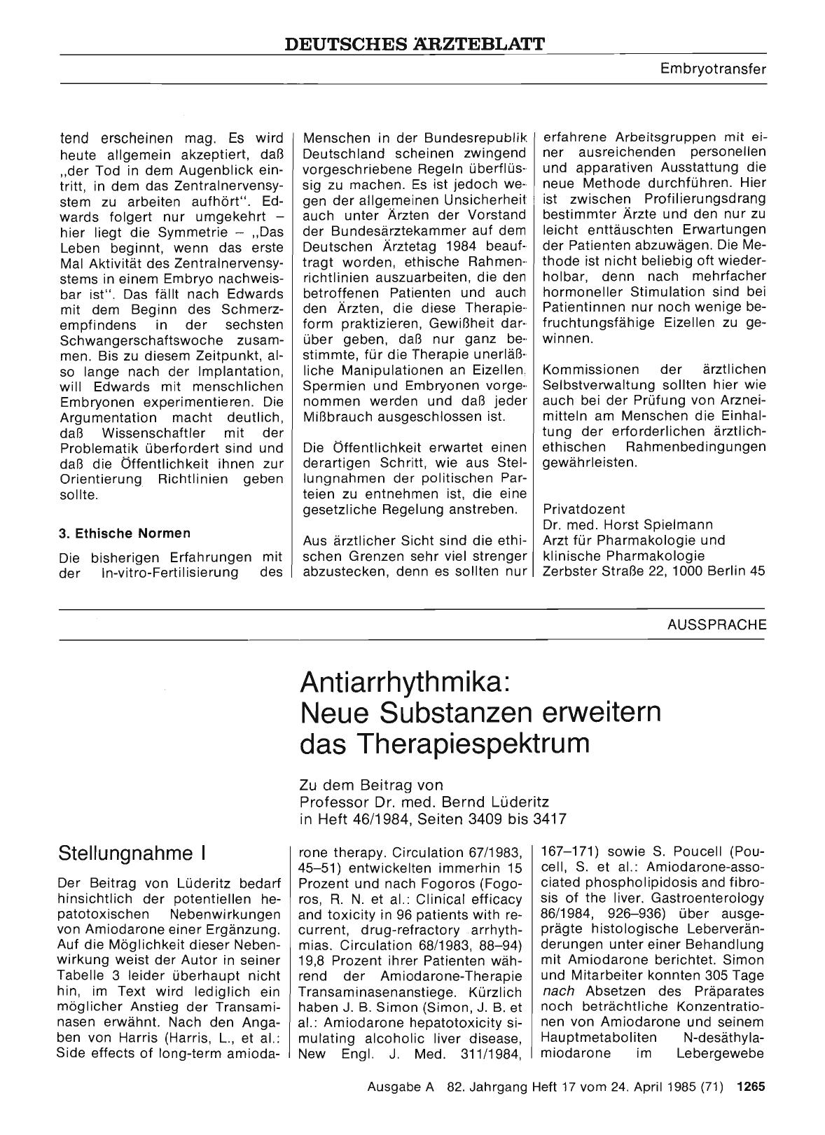 Vorschauseite 1: Antiarrhythmika: Neue Substanzen erweitern das Therapiespektrum: Stellungnahme I