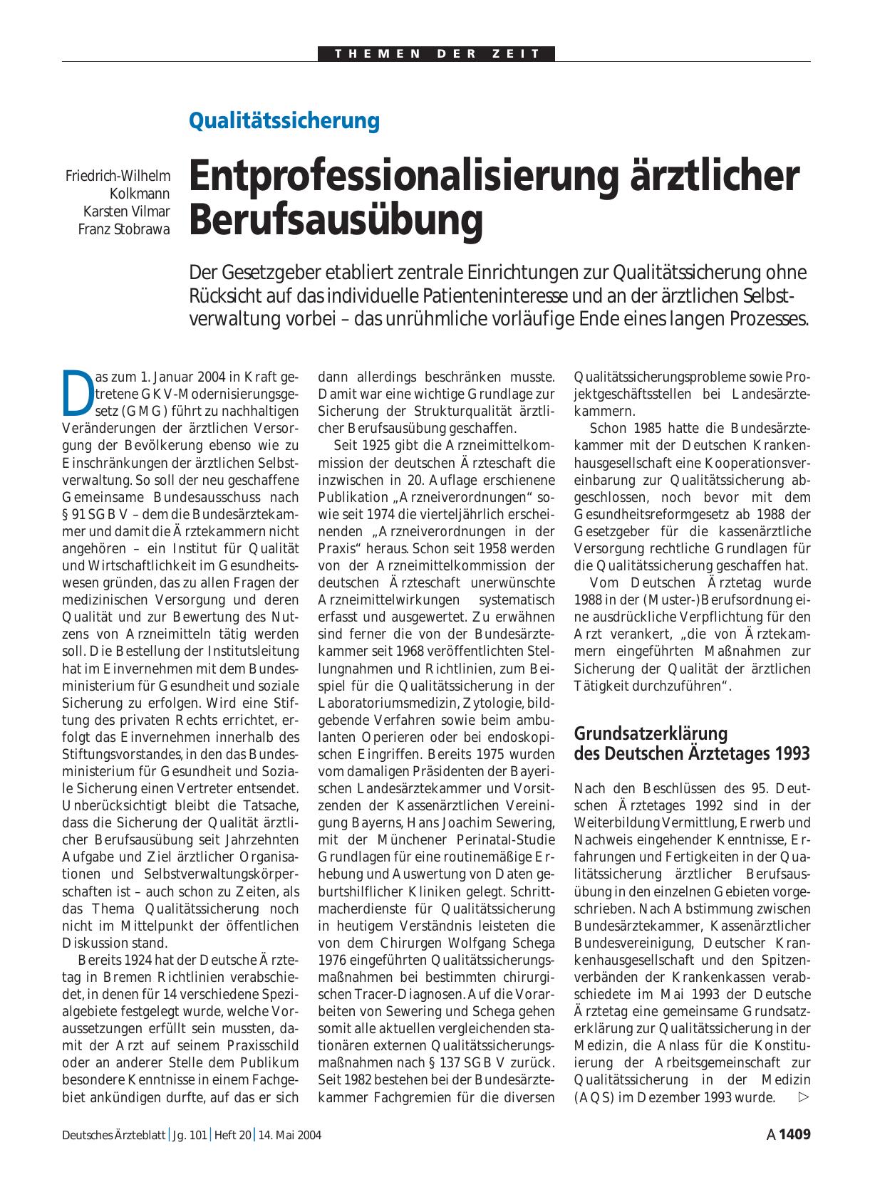 Vorschauseite 1: Qualitätssicherung: Entprofessionalisierung ärztlicher Berufsausübung