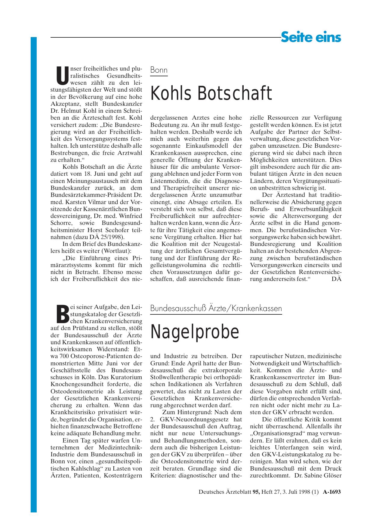 Vorschauseite 1: Bundesausschuß Ärzte/Krankenkassen: Nagelprobe