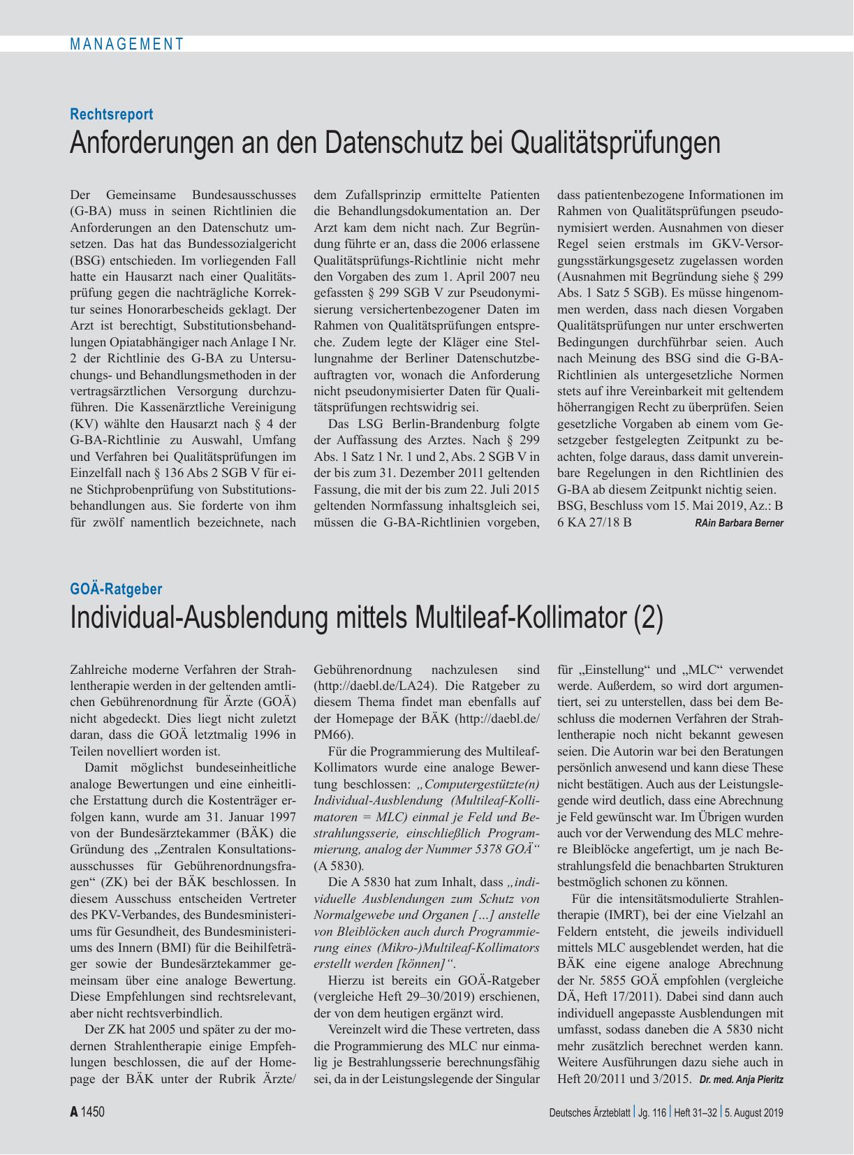 Vorschauseite 1: GOÄ-Ratgeber: Individual-Ausblendung mittels Multileaf-Kollimator (2)