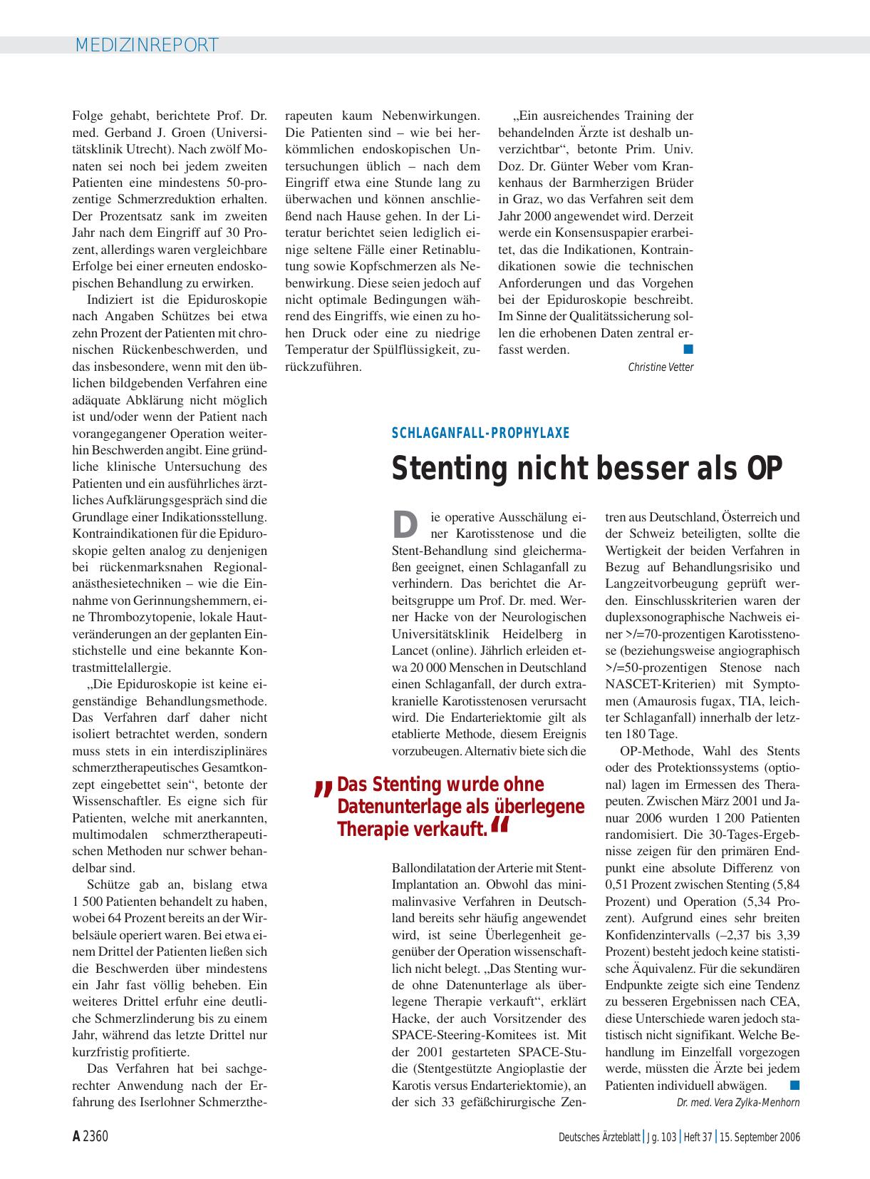 Vorschauseite 1: Schlaganfall-prophylaxe: Stenting nicht besser als OP