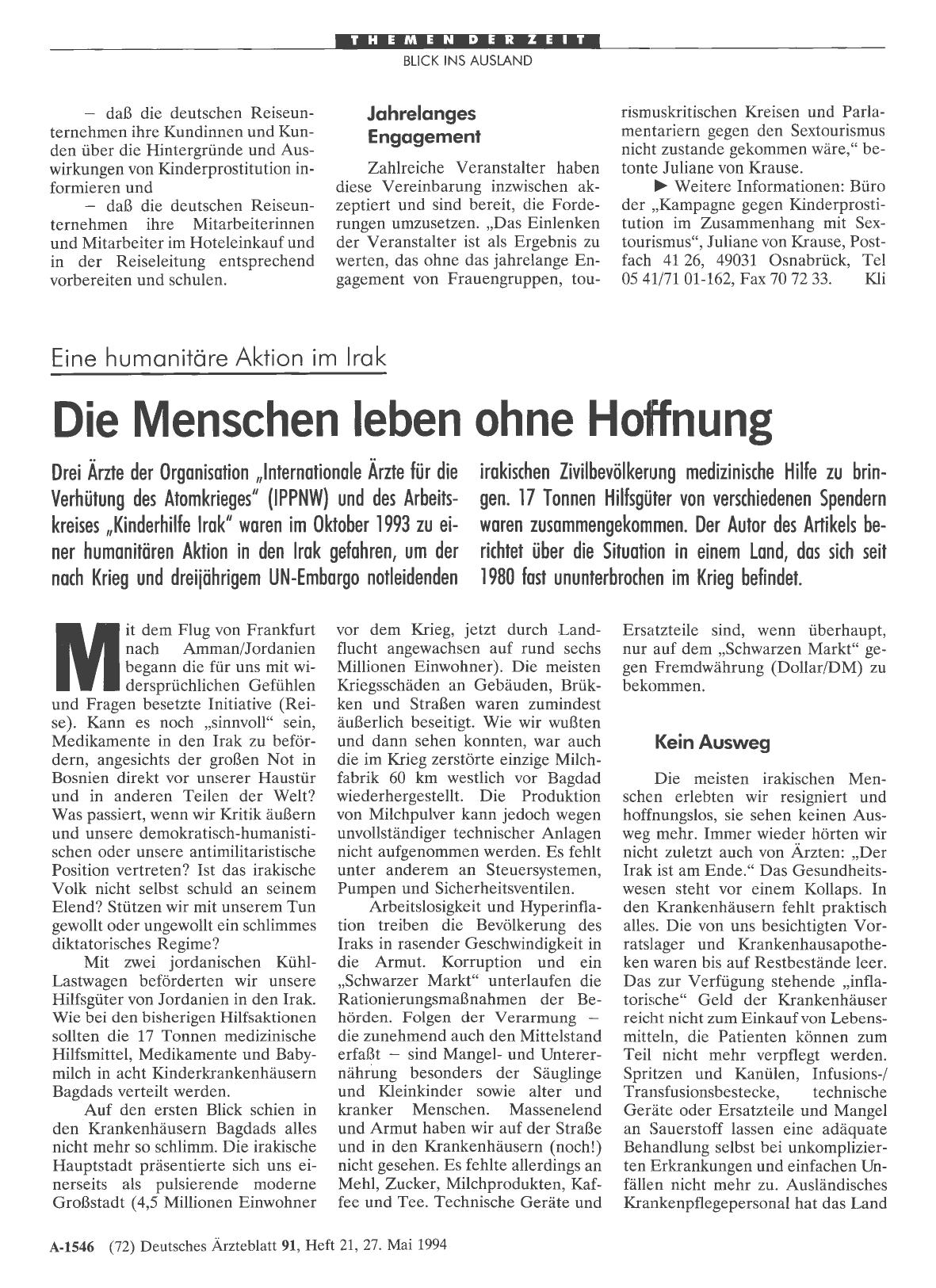 Vorschauseite 1: Eine humanitäre Aktion im Irak: Die Menschen leben ohne Hoffnung