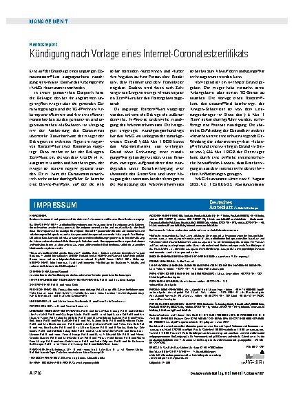 Vorschauseite 1: Rechtsreport: Kündigung nach Vorlage eines Internet-Coronatestzertifikats