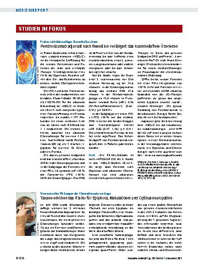 Vorschauseite 1: Frühes nichtkleinzelliges Bronchialkarzinom: Pembrolizumab adjuvant nach Resektion verlängert das krankheitsfreie Überleben